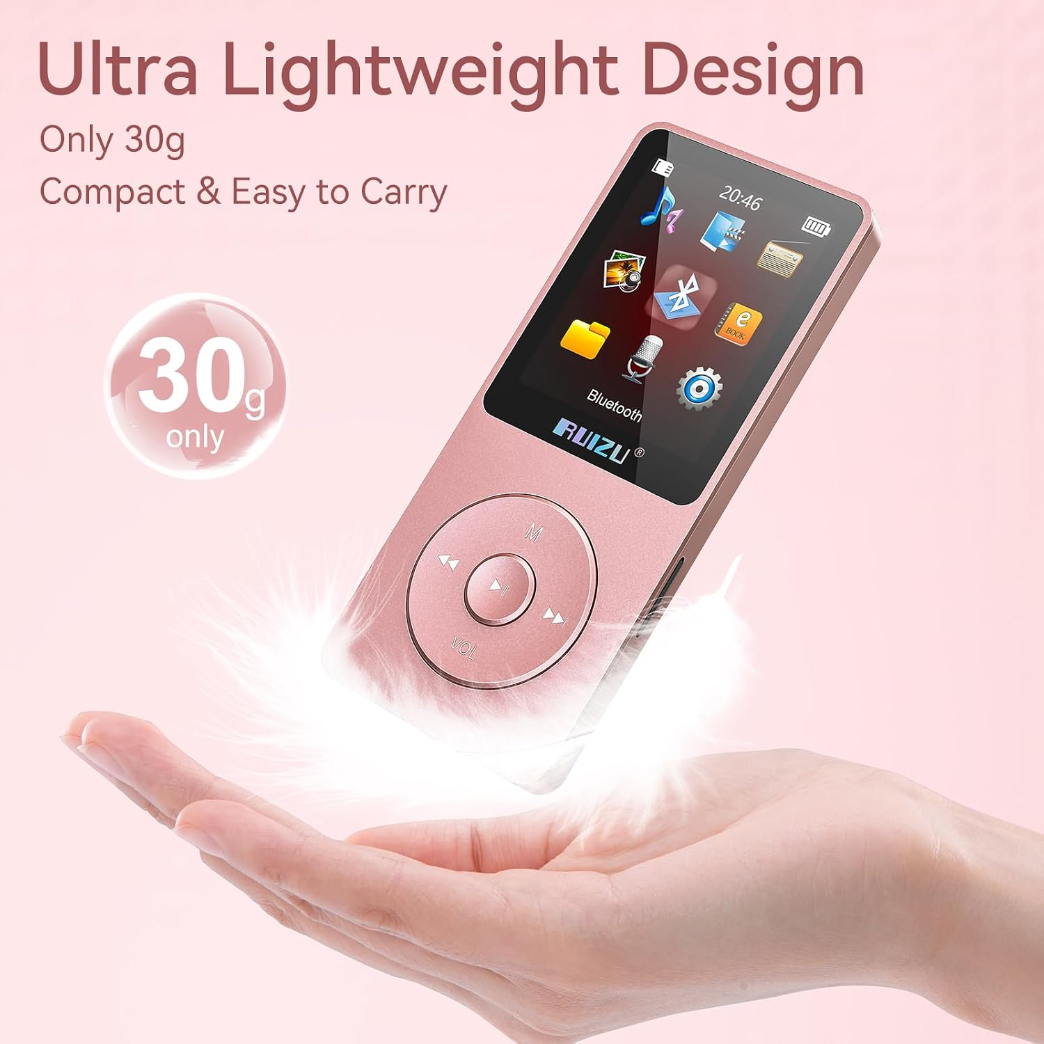 Ein rosafarbener MP3-Player auf einer offenen Handfläche mit Text über ein leichtes Design.