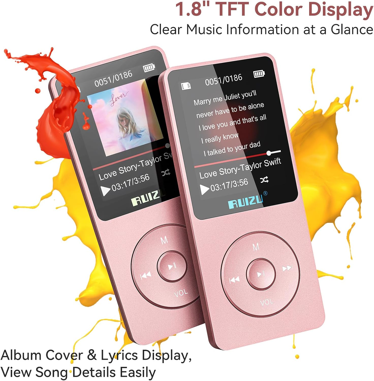 Zwei rosa MP3-Player mit Farbdisplays gegen farbige Spritzer.