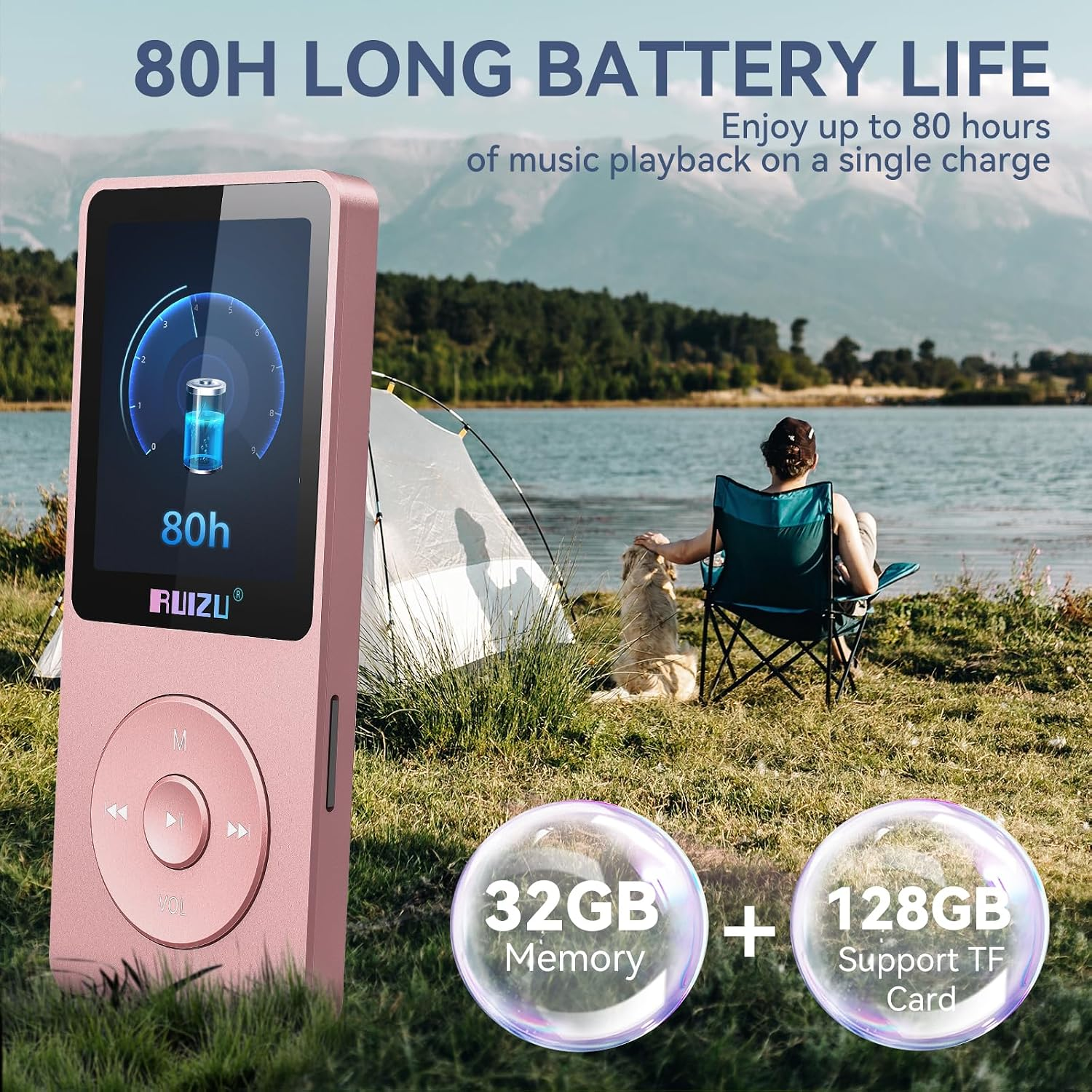 Rosa MP3-Player im Vordergrund, Person mit Hund vor See und Zelt im Hintergrund.