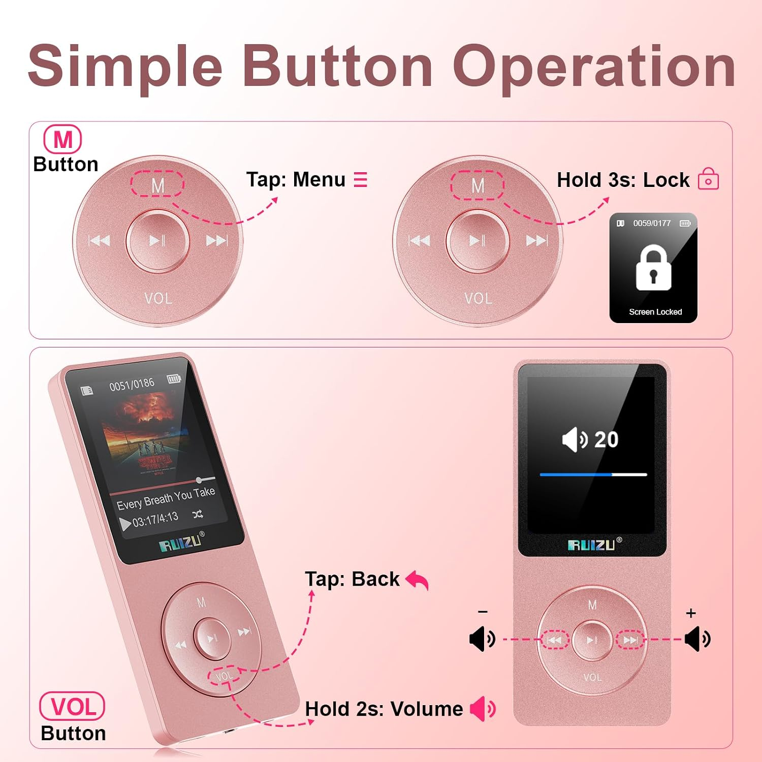 Anleitung zur Bedienung eines rosafarbenen MP3-Players mit Tastenfunktionen für Menü, Sperre, Zurück und Lautstärke.