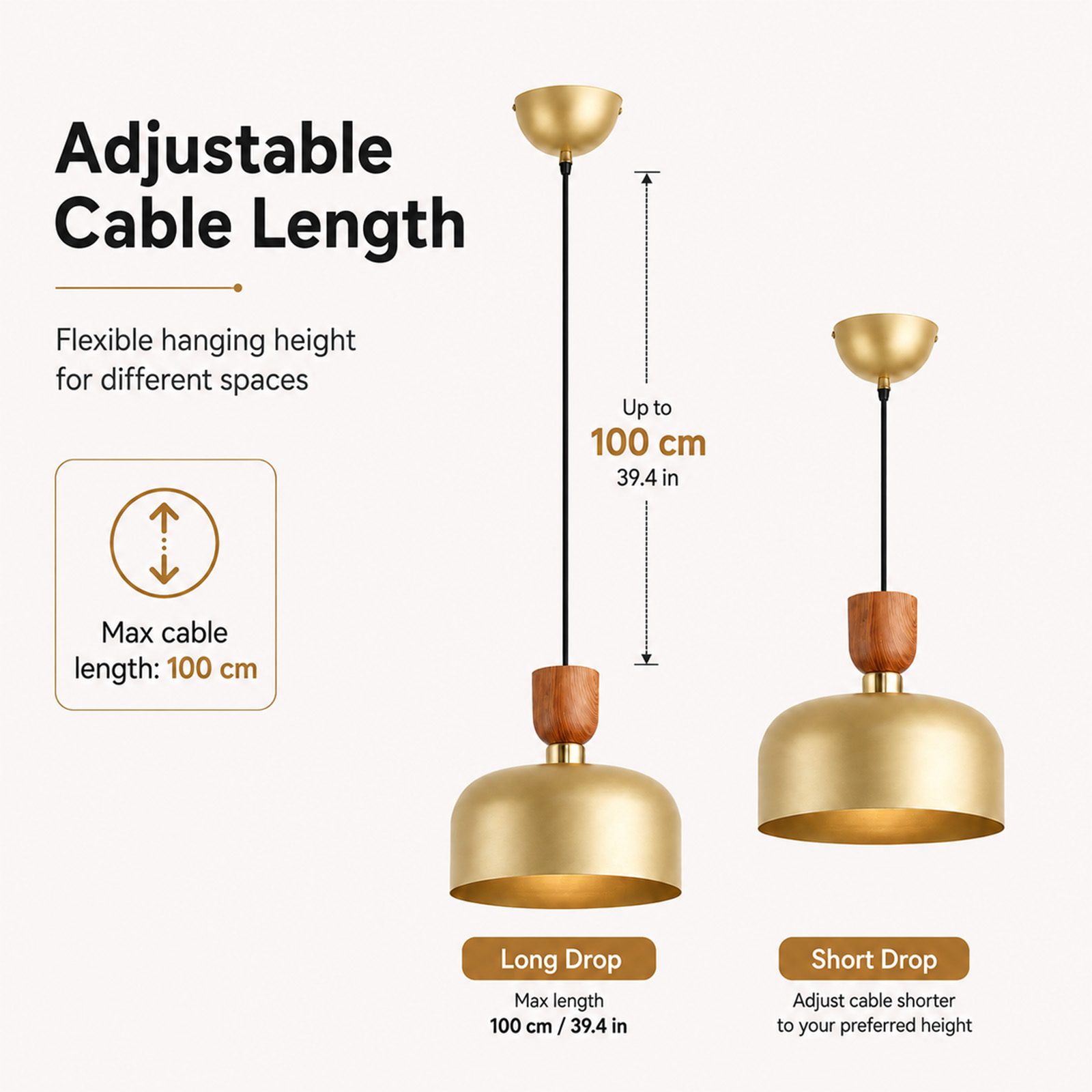Diagrama muestra una lámpara colgante con longitud de cable ajustable de hasta 100 cm, larga y corta.