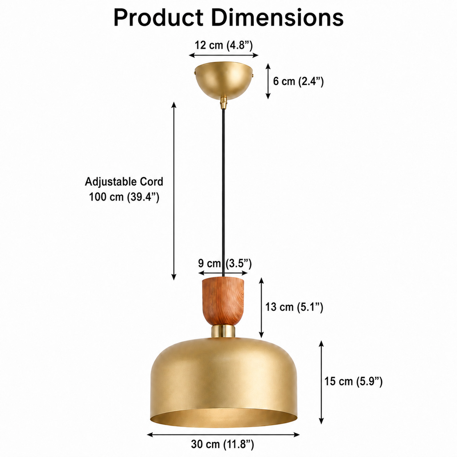 Diagrama de dimensiones de una lámpara colgante dorada con detalle de madera y cable ajustable.