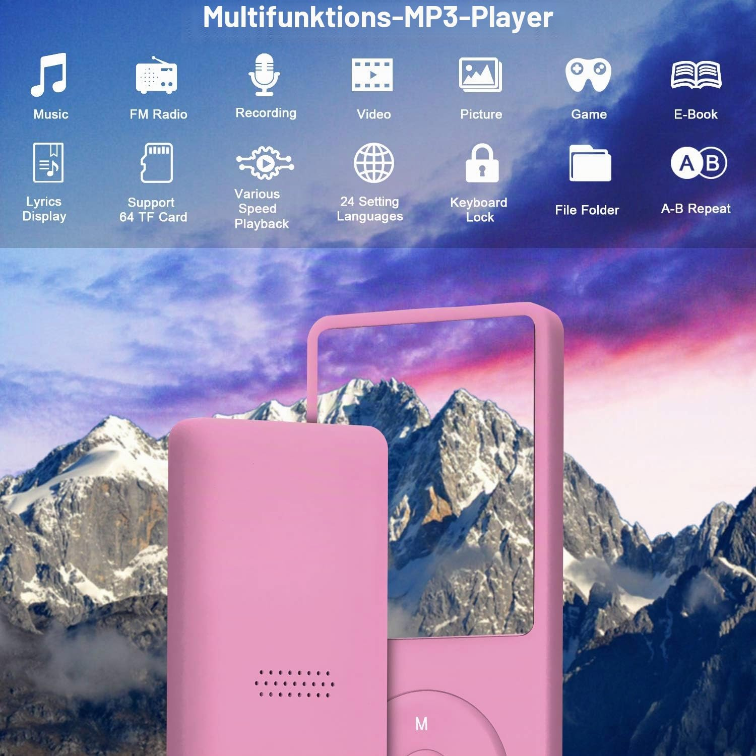 Rosa MP3-Player mit Symbolen für Musik, Radio und mehr, vor einem schneebedeckten Berg.