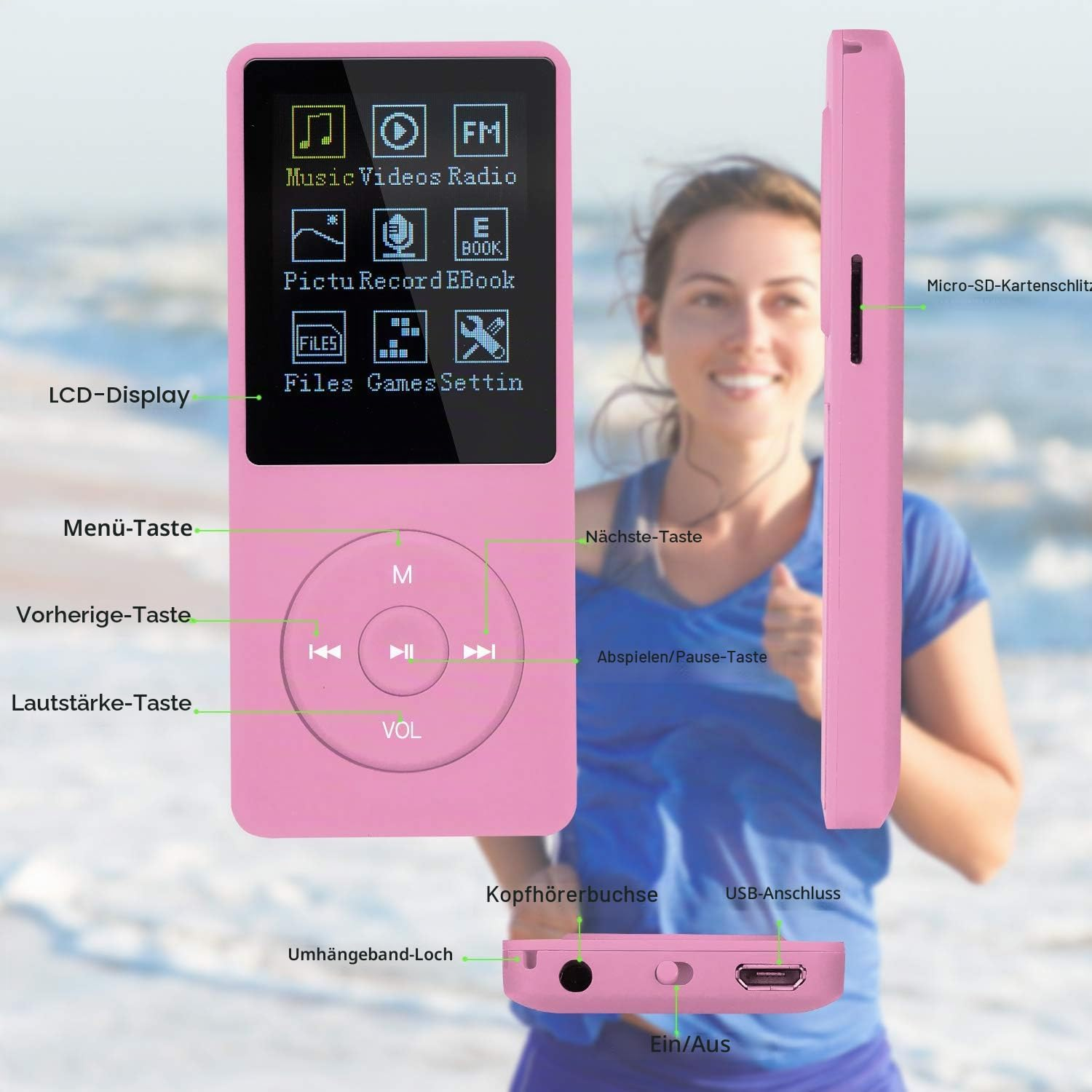 Rosa MP3-Player mit LCD-Display und Tasten, im Hintergrund eine joggende Frau.