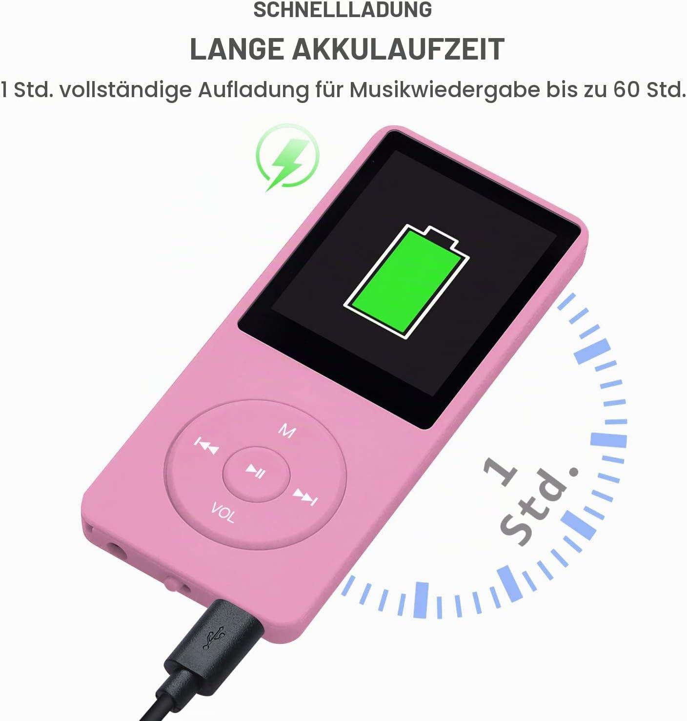 Rosa MP3-Player mit Ladekabel, grünem Batteriedisplay und deutscher Textgrafik.