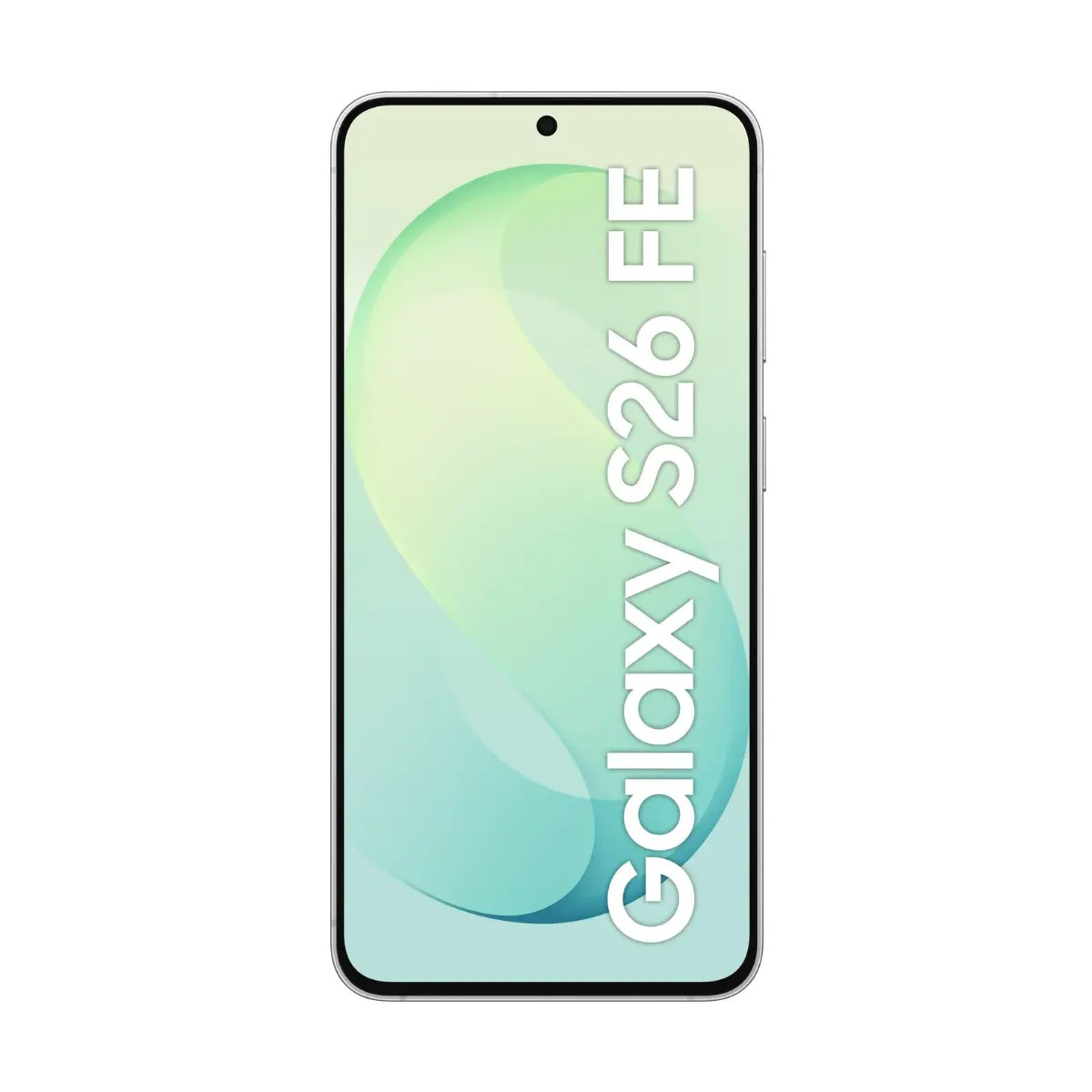 Un teléfono inteligente con fondo verde y el texto Galaxy S26 FE en la pantalla.