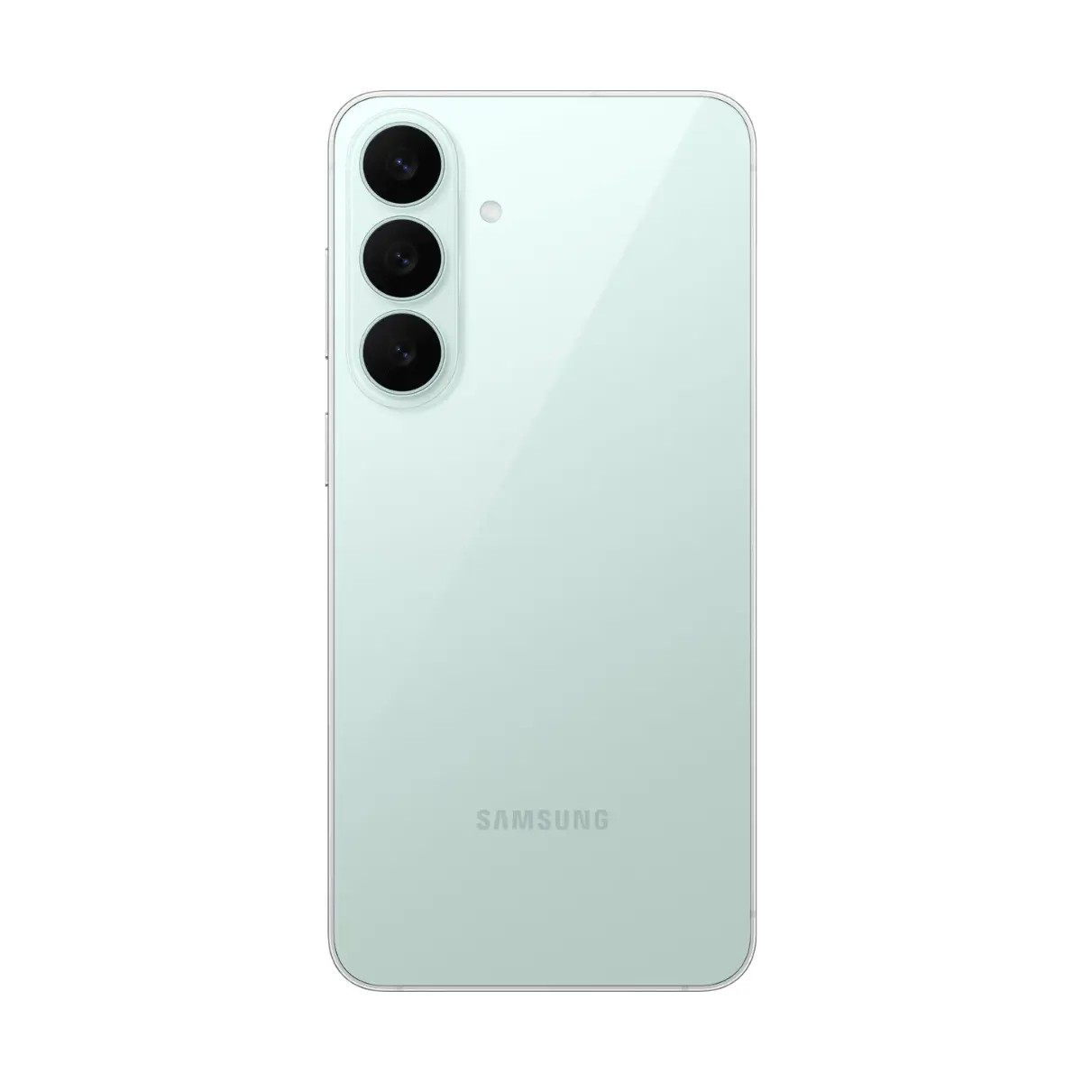 Parte trasera de un smartphone Samsung verde menta con cámara triple vertical y logotipo.