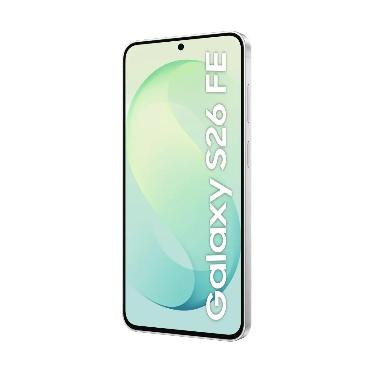 Un teléfono inteligente con fondo verde claro muestra el texto Galaxy S26 FE en su pantalla sobre un fondo blanco.