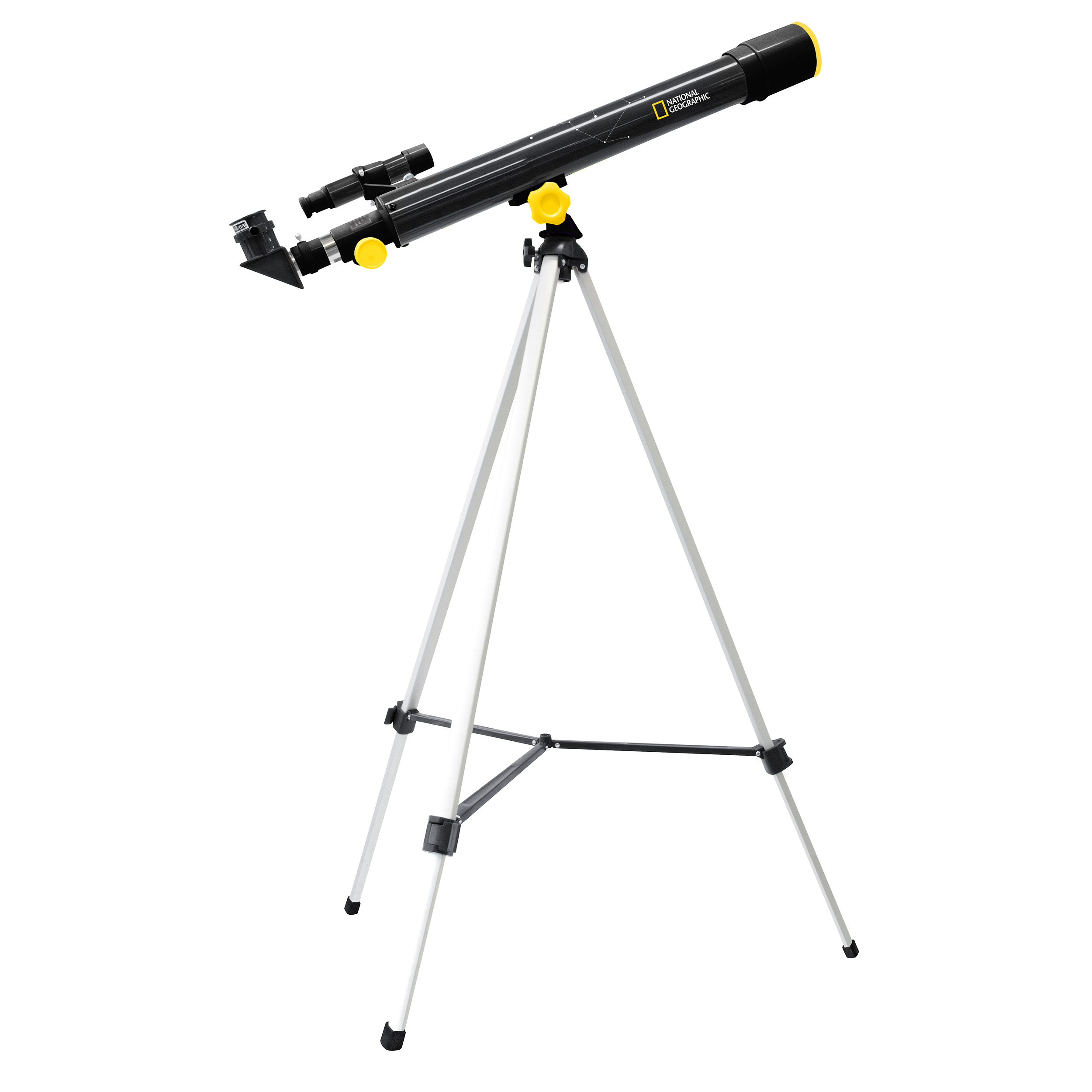 Un telescopio negro de National Geographic en un trípode plateado sobre un fondo blanco.