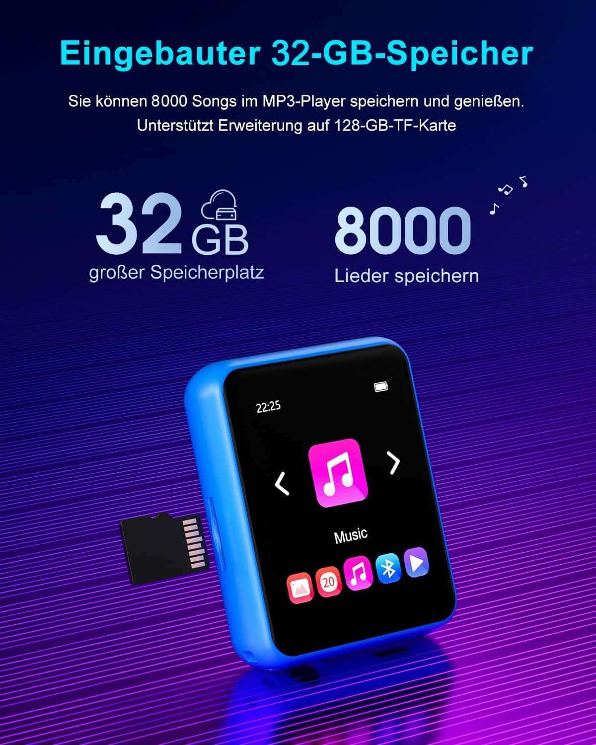 Blauer MP3-Player mit 32GB Speicher und TF-Kartensteckplatz auf blauem Hintergrund mit Text.