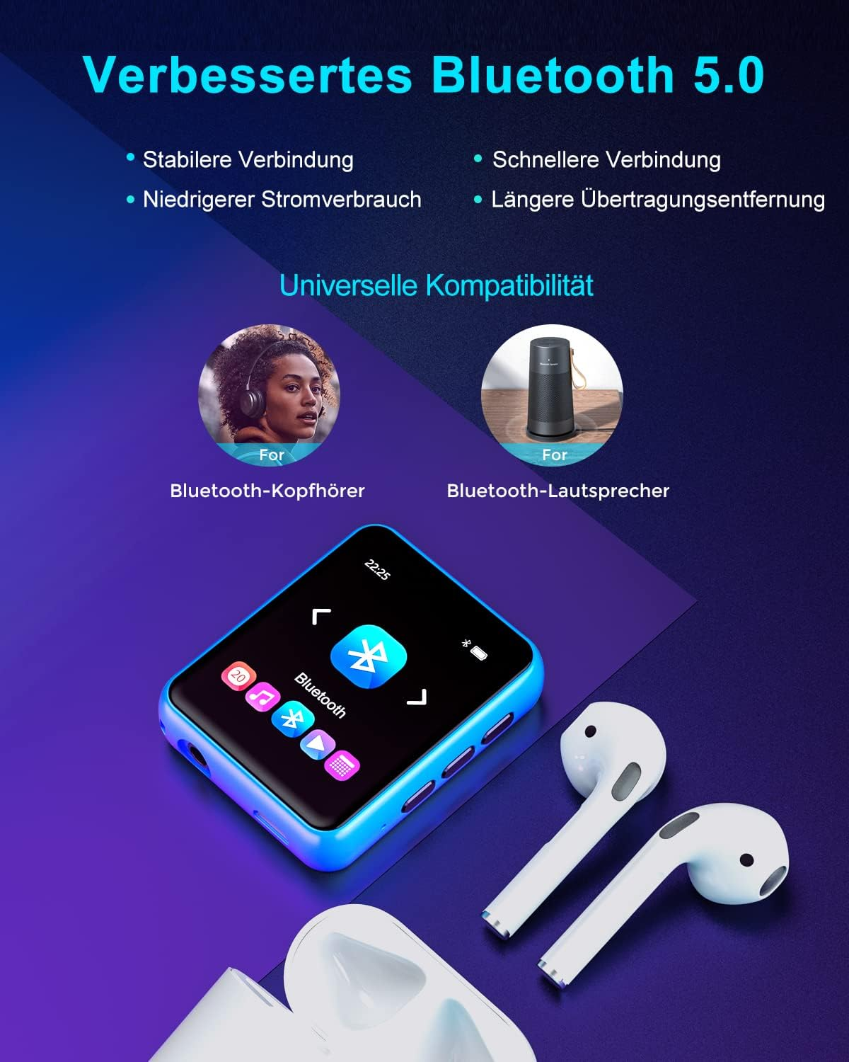 Blaue MP3-Player-Werbung für verbessertes Bluetooth 5.0 mit Kopfhörern und Lautsprechern.