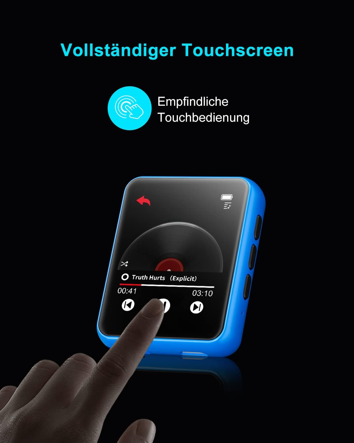 Ein Finger bedient den blauen MP3-Player mit Touchscreen, der Musik abspielt.