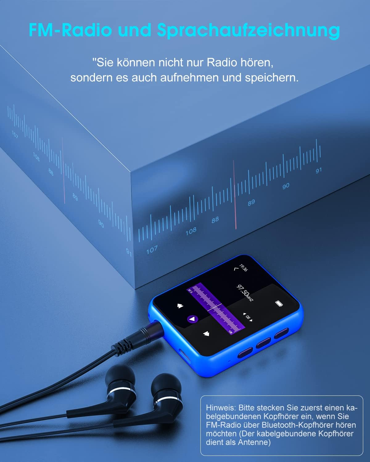 Ein blauer MP3-Player mit Kopfhörern und FM-Radio-Funktion auf blauem Hintergrund mit deutschem Text.