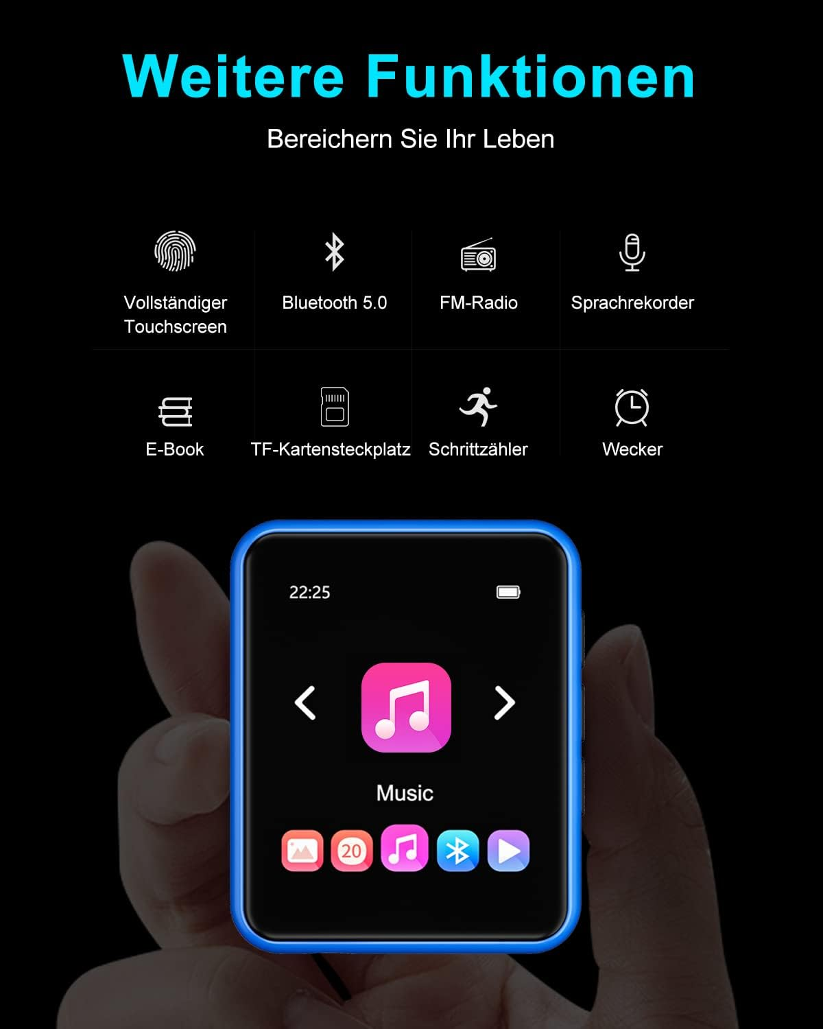 Ein blaues MP3-Player-Gerät mit Touchscreen, Musik-App und Symbolen für Bluetooth, Radio und E-Book.