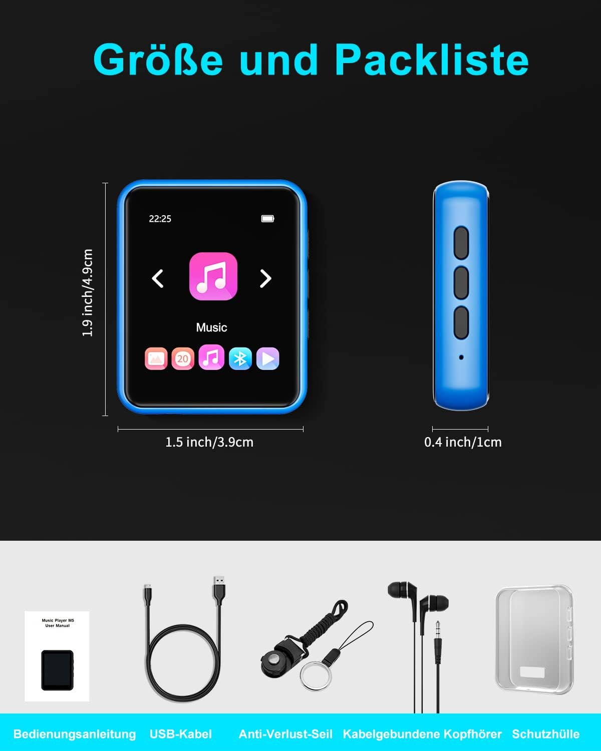 Größe und Packliste eines blauen MP3-Players mit Zubehör wie Kabel, Kopfhörer und Hülle.