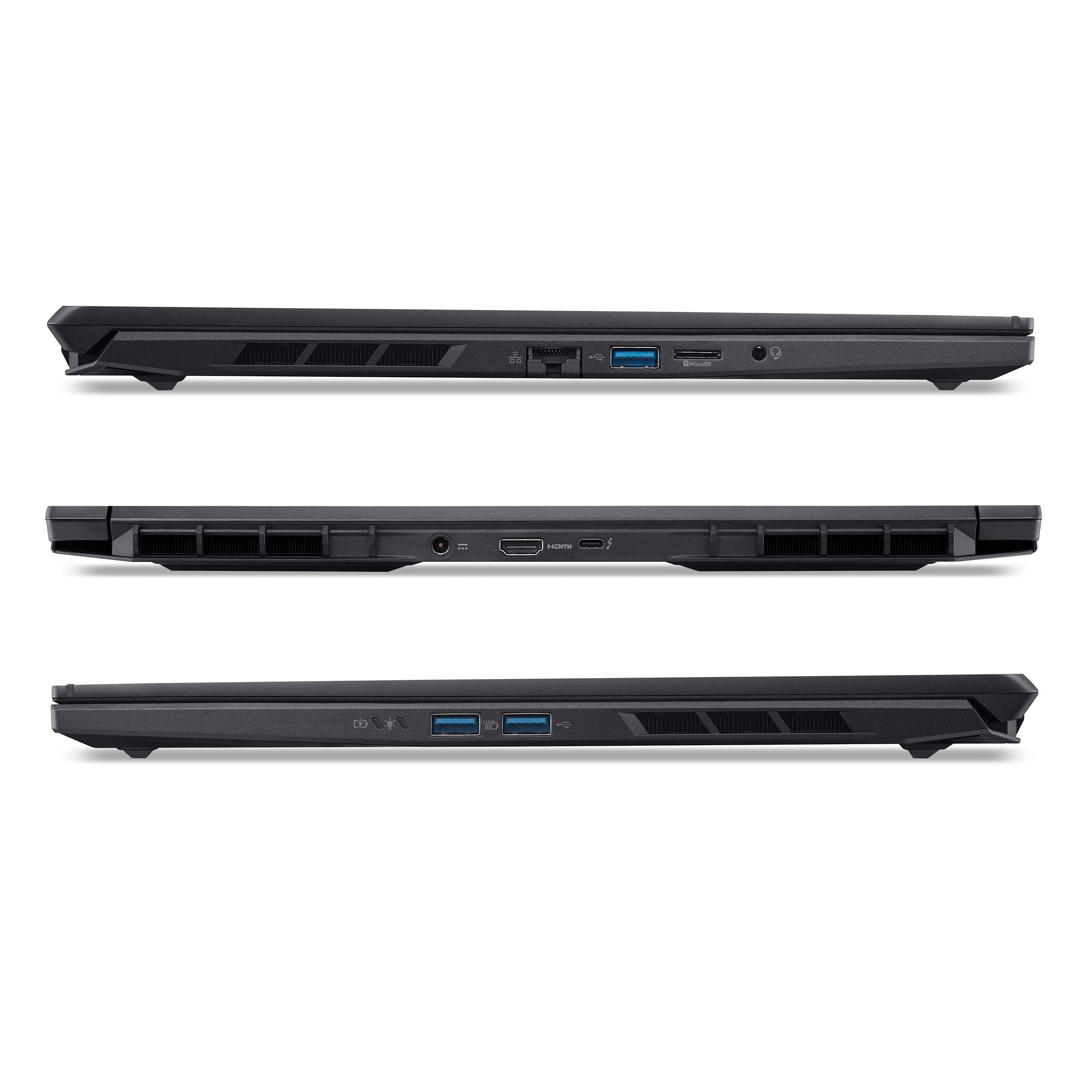 Drei Seitenansichten eines schwarzen Laptops mit Anschlüssen wie USB, HDMI und Ethernet.