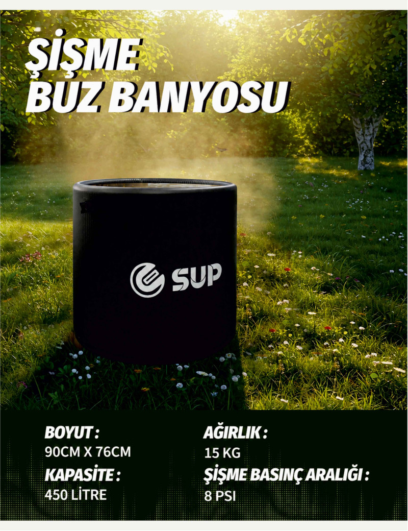 Çimenlik alanda metin ve ürün detayları olan şişme siyah buz banyosu.