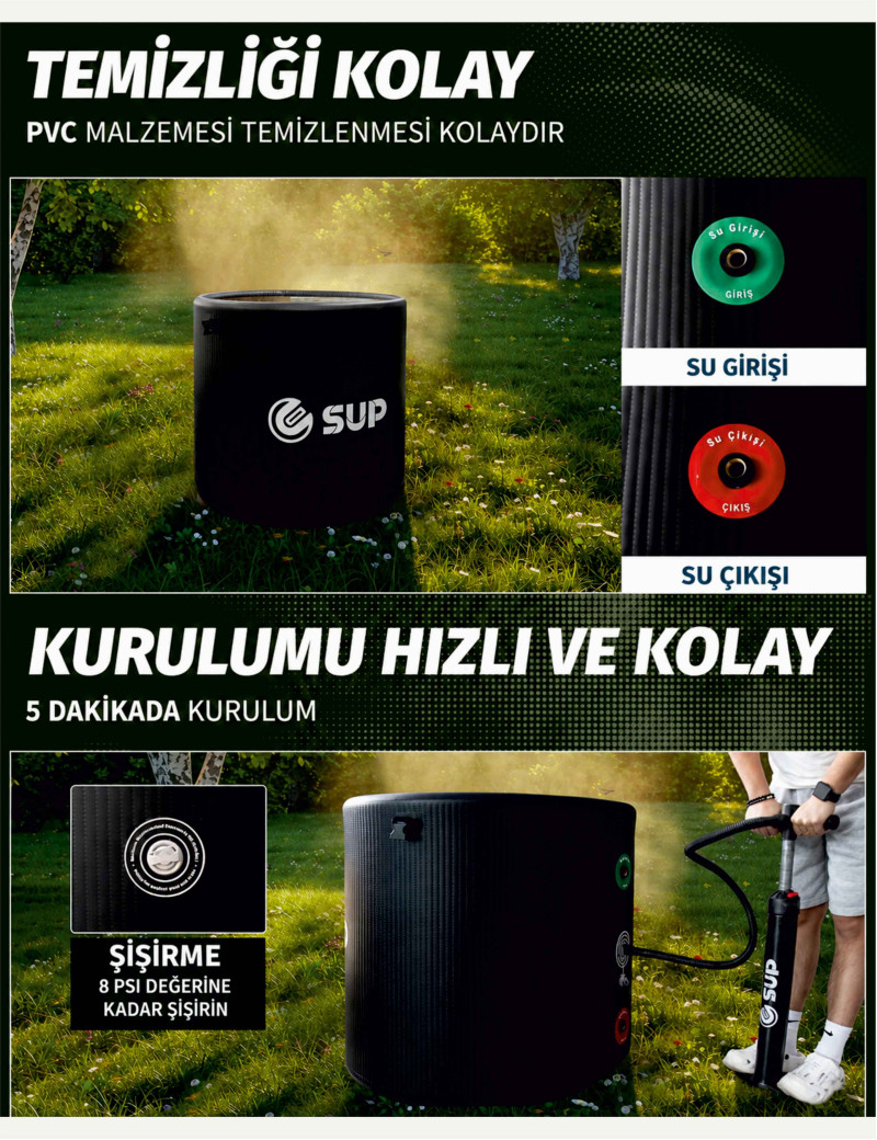 Çim alanda su ve hava bağlantılı siyah PVC havuz, temizliği ve kurulumu kolay, hızlı kuruluma uygun.