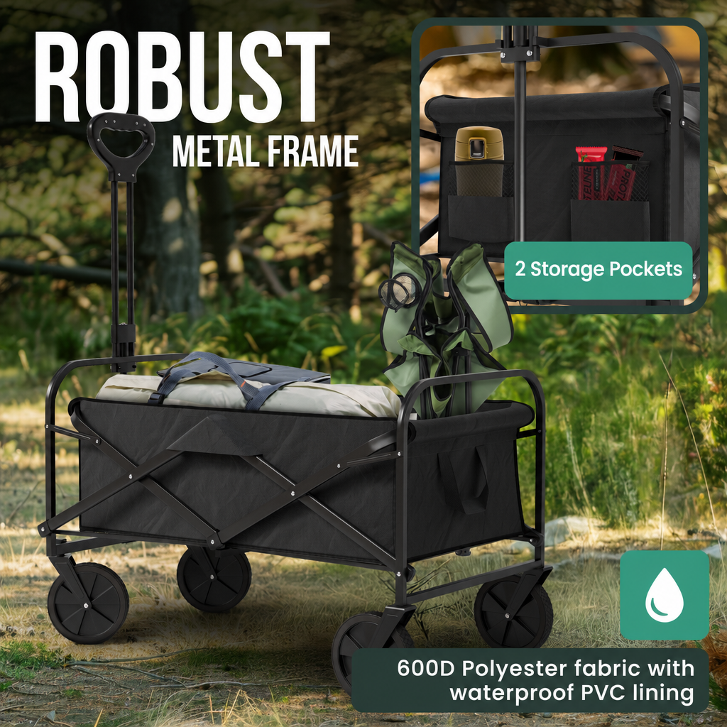 Ein schwarzer, klappbarer Bollerwagen mit robustem Metallrahmen, Taschen und wasserdichtem Stoff im Wald.
