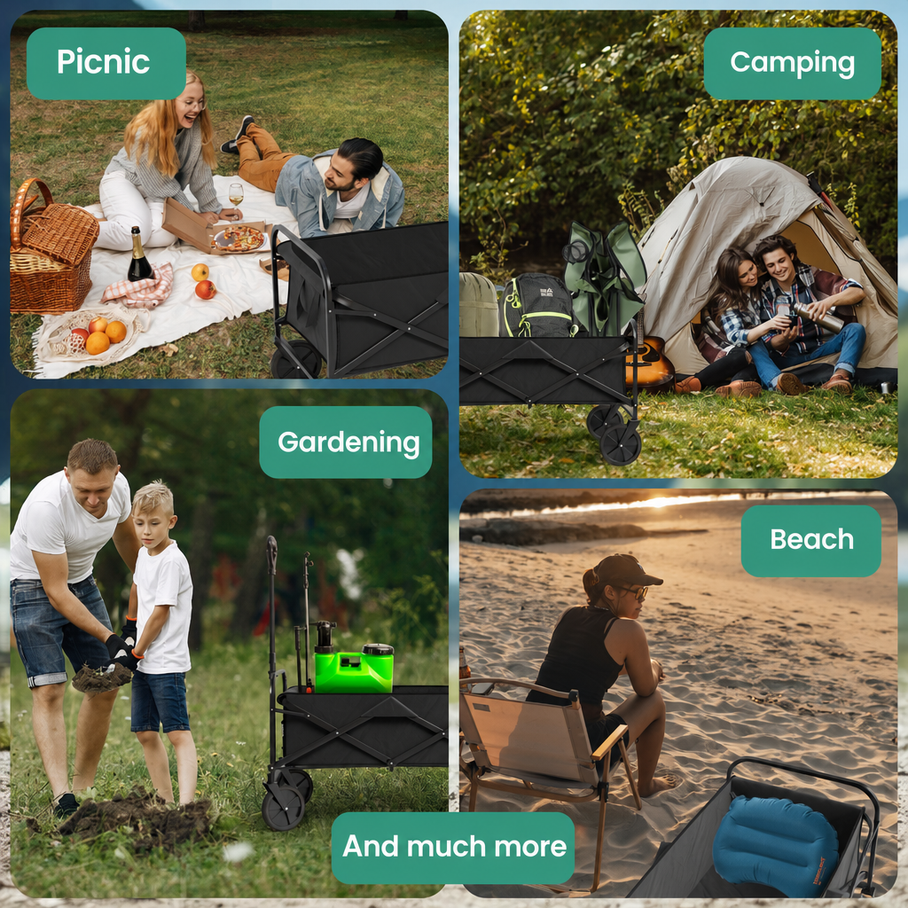 Vier Bilder zeigen die Nutzung eines schwarzen Faltwagens beim Picknick, Campen, Gärtnern und am Strand.