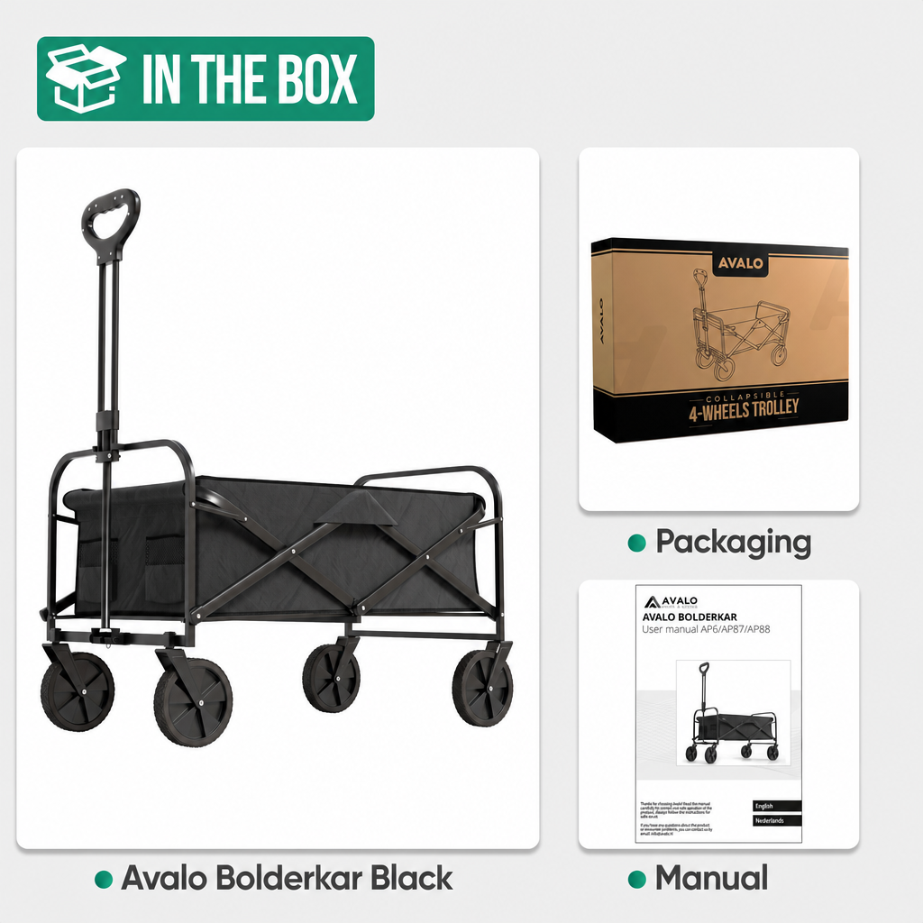 Ein schwarzer, zusammenklappbarer Bollerwagen mit vier Rädern, Verpackungskarton und Bedienungsanleitung.