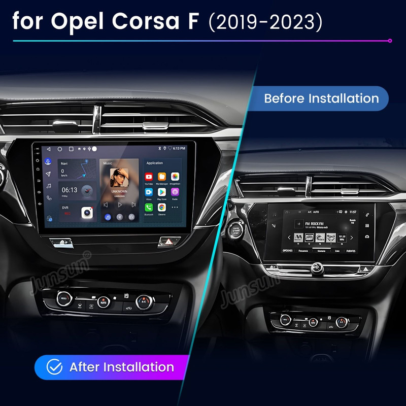 Vorher-Nachher-Vergleich des Armaturenbretts im Opel Corsa F mit neuem Infotainment-System.