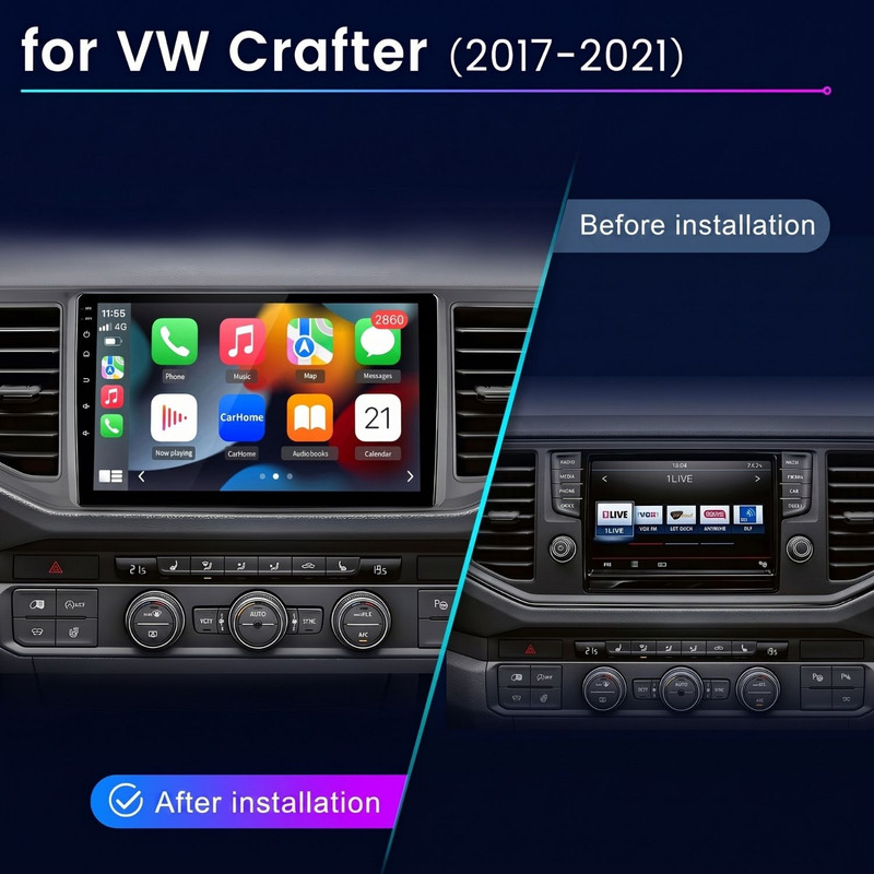 Vergleich der VW Crafter Armaturenbretter vor und nach dem Einbau eines neuen Infotainmentsystems.
