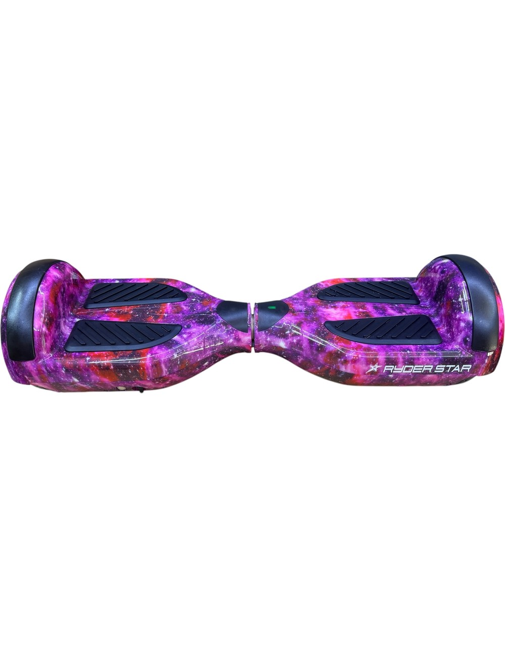 Pembe ve mor galaksi desenli, siyah ayak pedli ve üzerinde 'Ryder Star' yazan bir hoverboard.