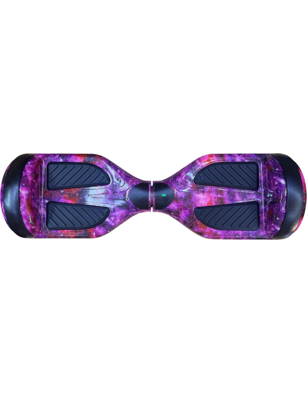 Beyaz arka planda pembe ve siyah galaksi desenli bir hoverboard.