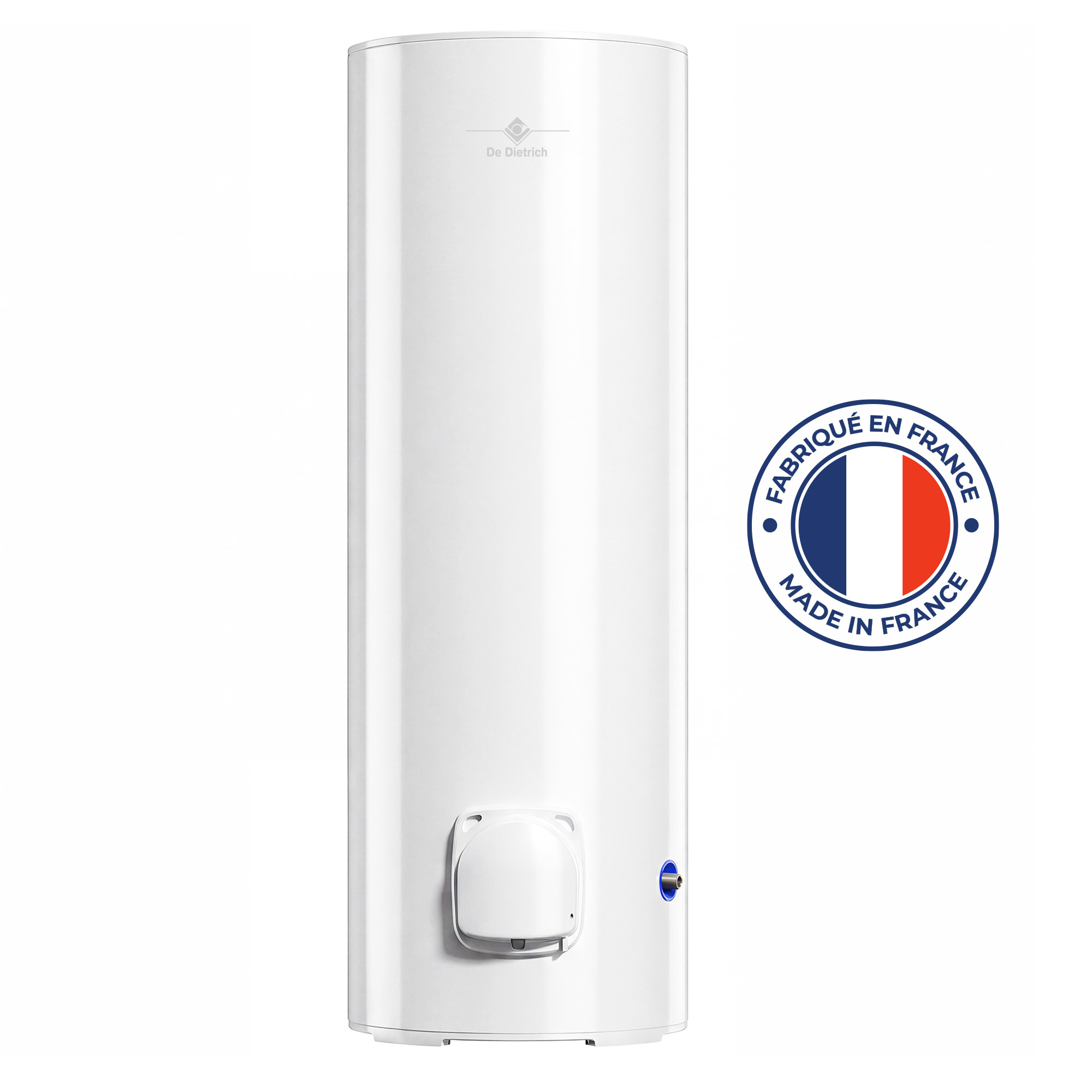 Termo de agua caliente blanco De Dietrich con etiqueta Fabriqué en France.