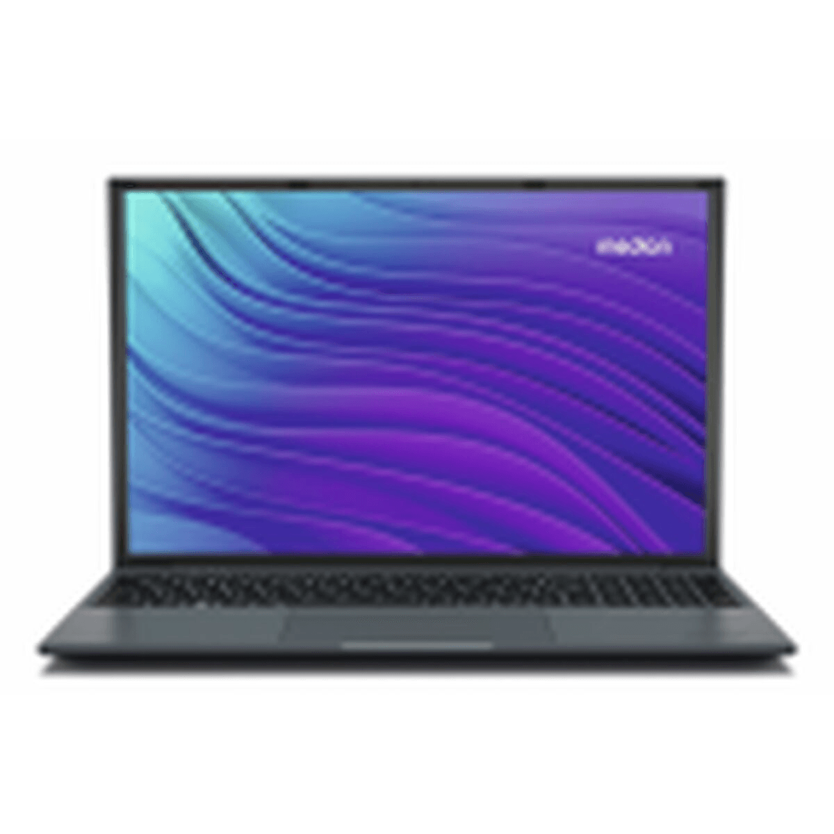 Un ordenador portátil negro con un fondo abstracto de ondas azules y moradas en la pantalla.