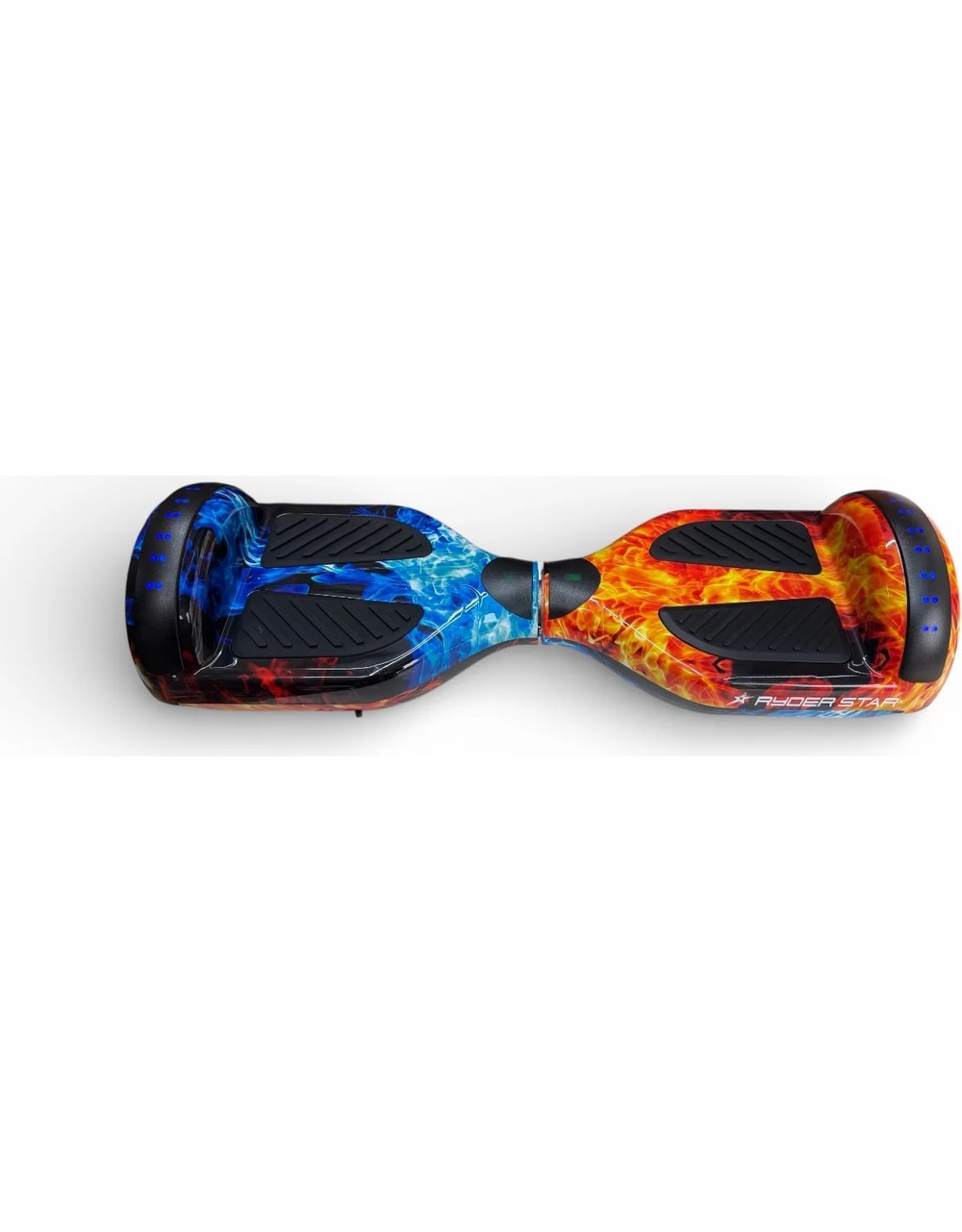 Bir tarafında mavi, diğer tarafında turuncu alevler olan ateş ve buz grafikli bir hoverboard.