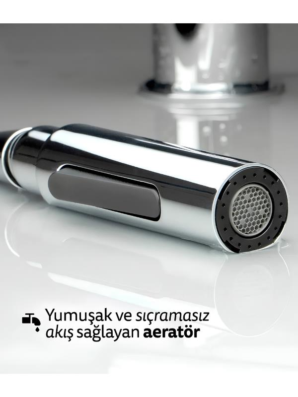 Yumuşak ve sıçramasız akış sağlayan bal petekli perlatörlü krom mutfak bataryası başlığı.