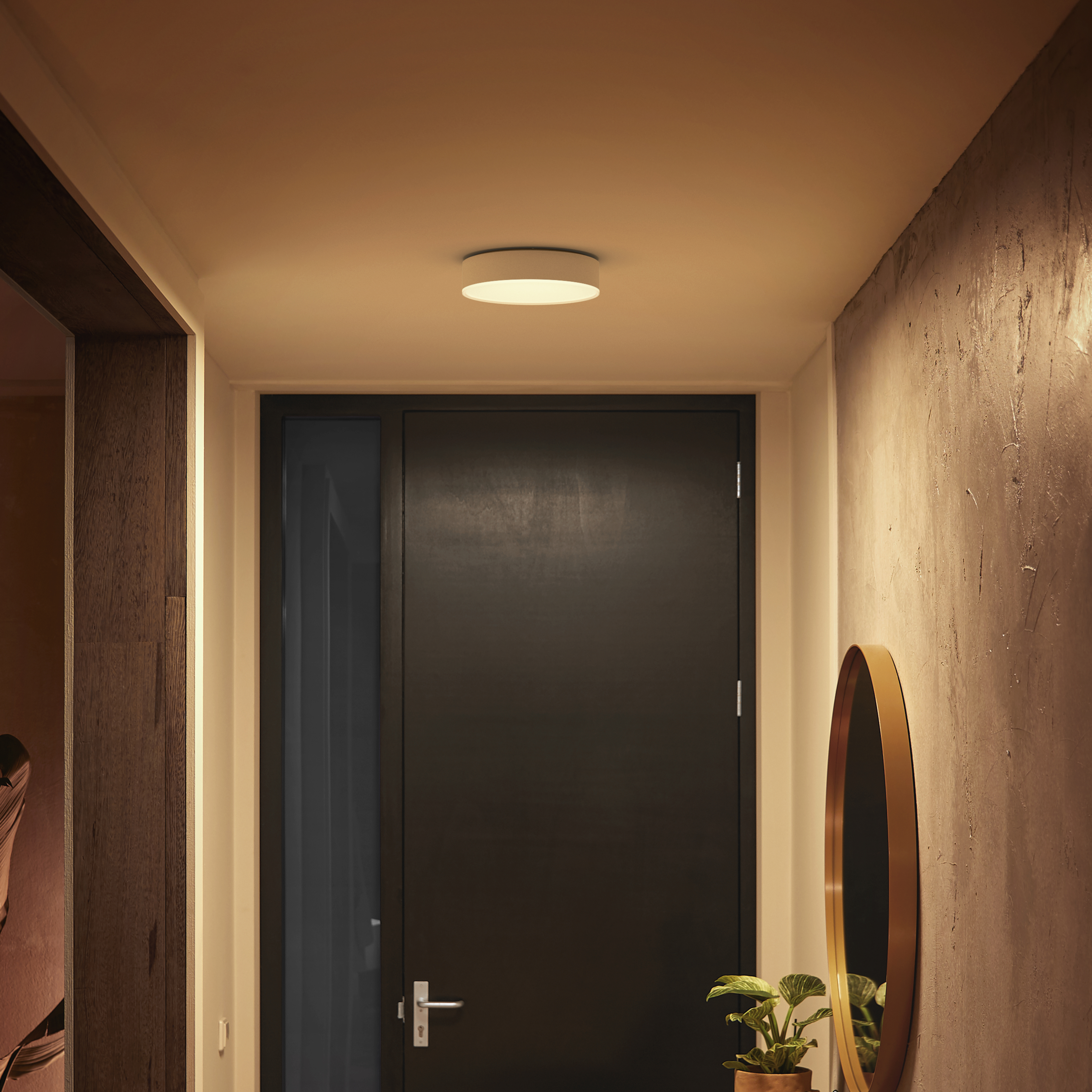 Un corridoio caldo e luminoso con plafoniera rotonda, porta scura e specchio tondo con pianta.