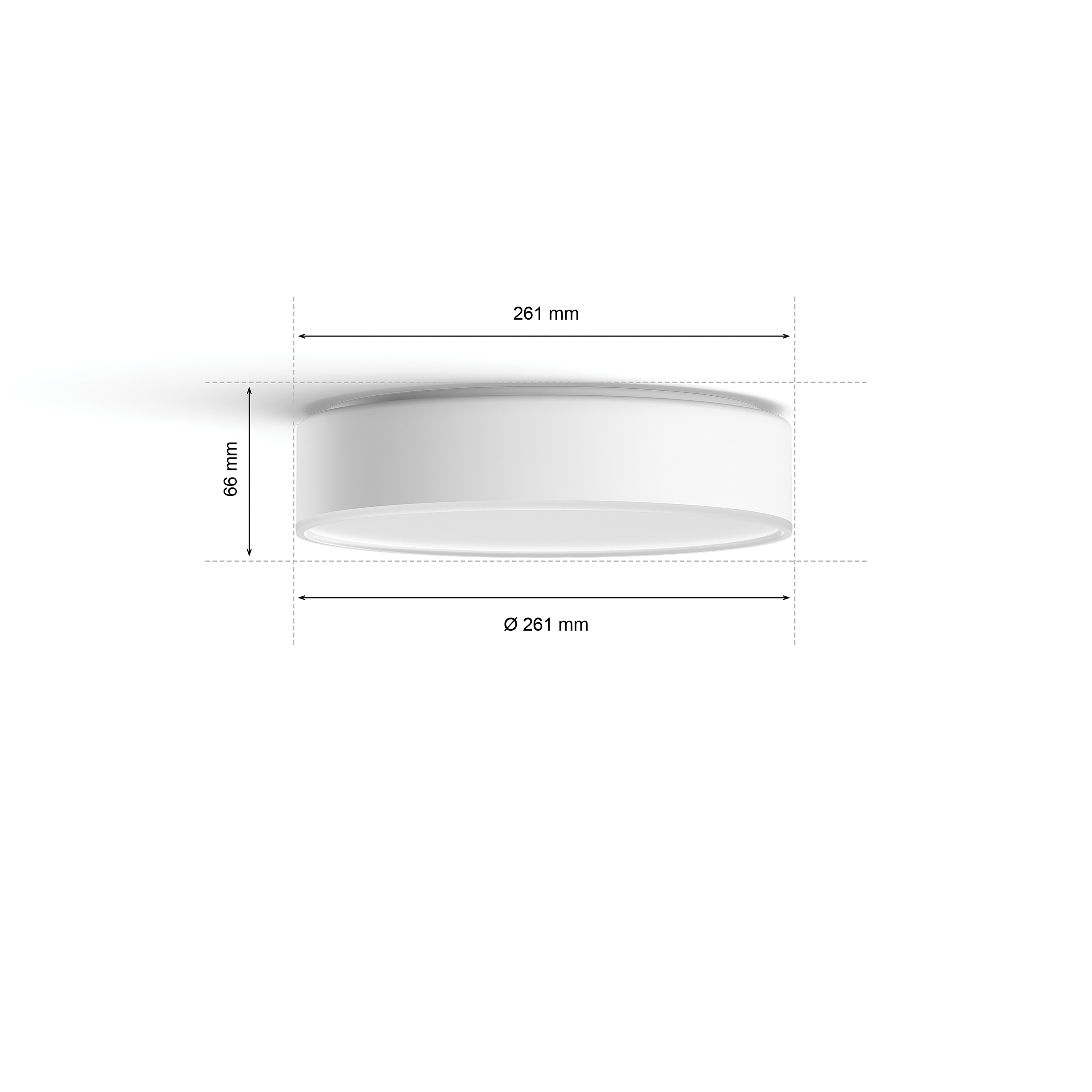 Disegno tecnico di una plafoniera rotonda bianca con diametro di 261 mm e altezza di 66 mm.