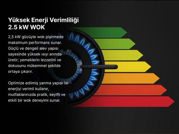Mavi alevli gaz brülörü ve enerji verimliliği çubuk grafiği.