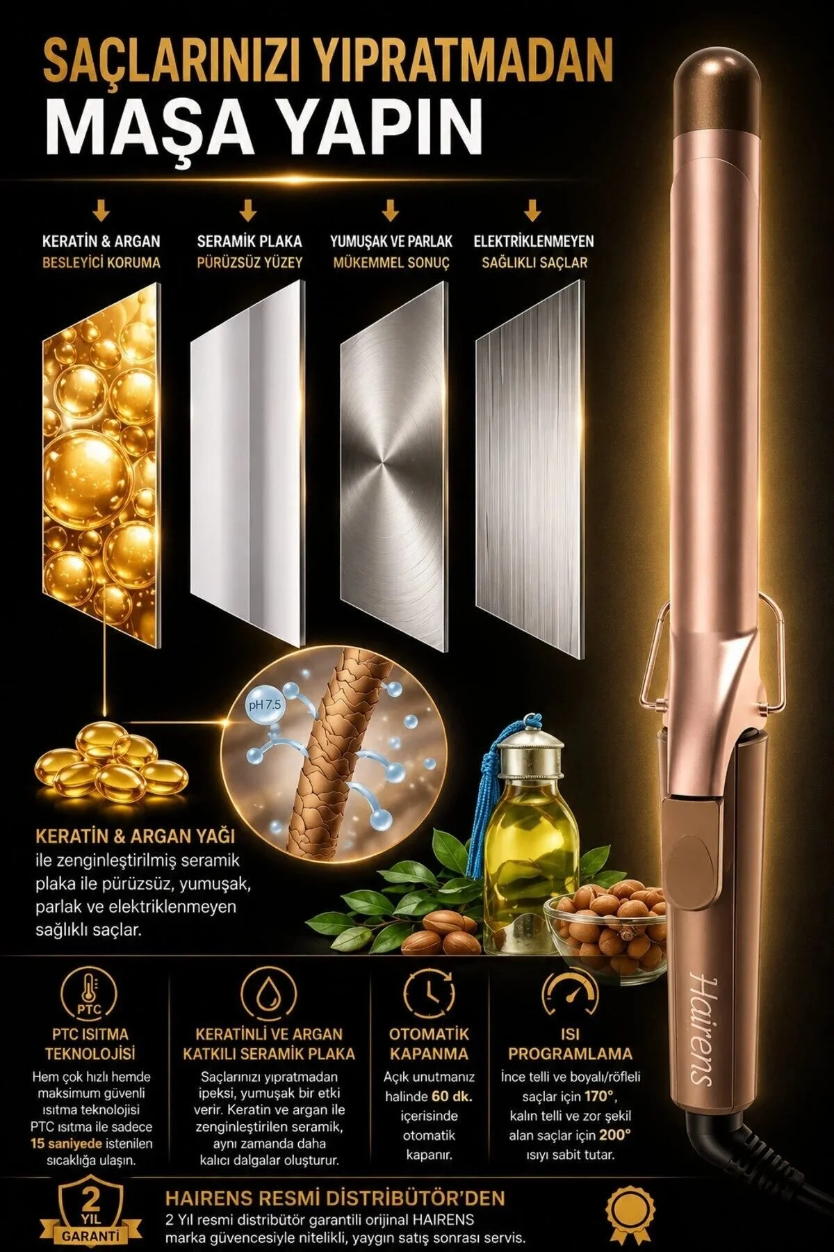 Keratin ve argan yağı faydaları, özellikleri ve teknik detaylarıyla tanıtılan pembe altın maşa.