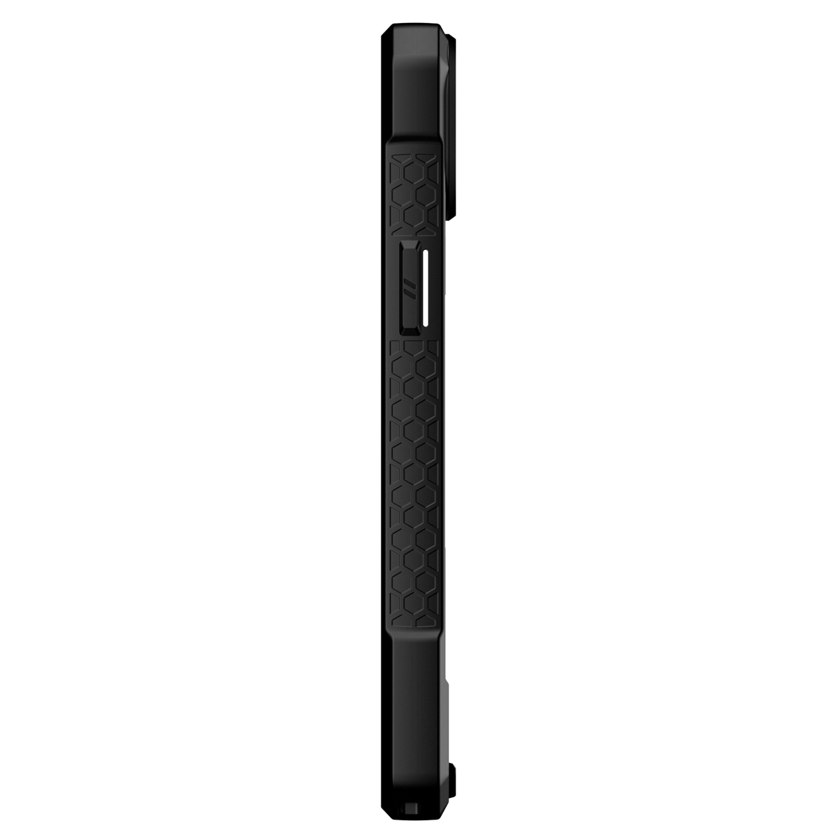 Seitenansicht einer schwarzen Smartphone-Schutzhülle mit Wabenmuster.