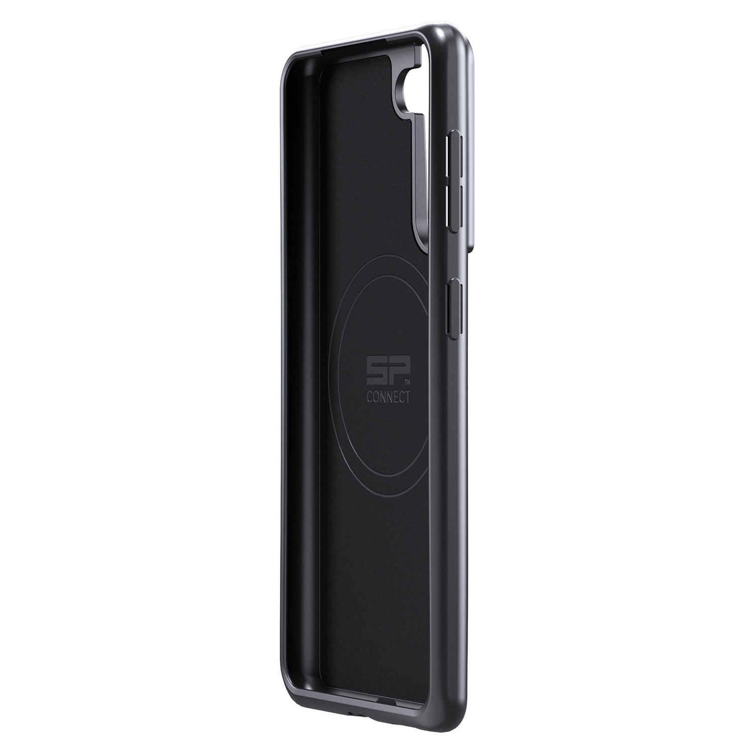 Custodia per smartphone nera con logo SP Connect all'interno, pulsanti laterali e foro per fotocamera.