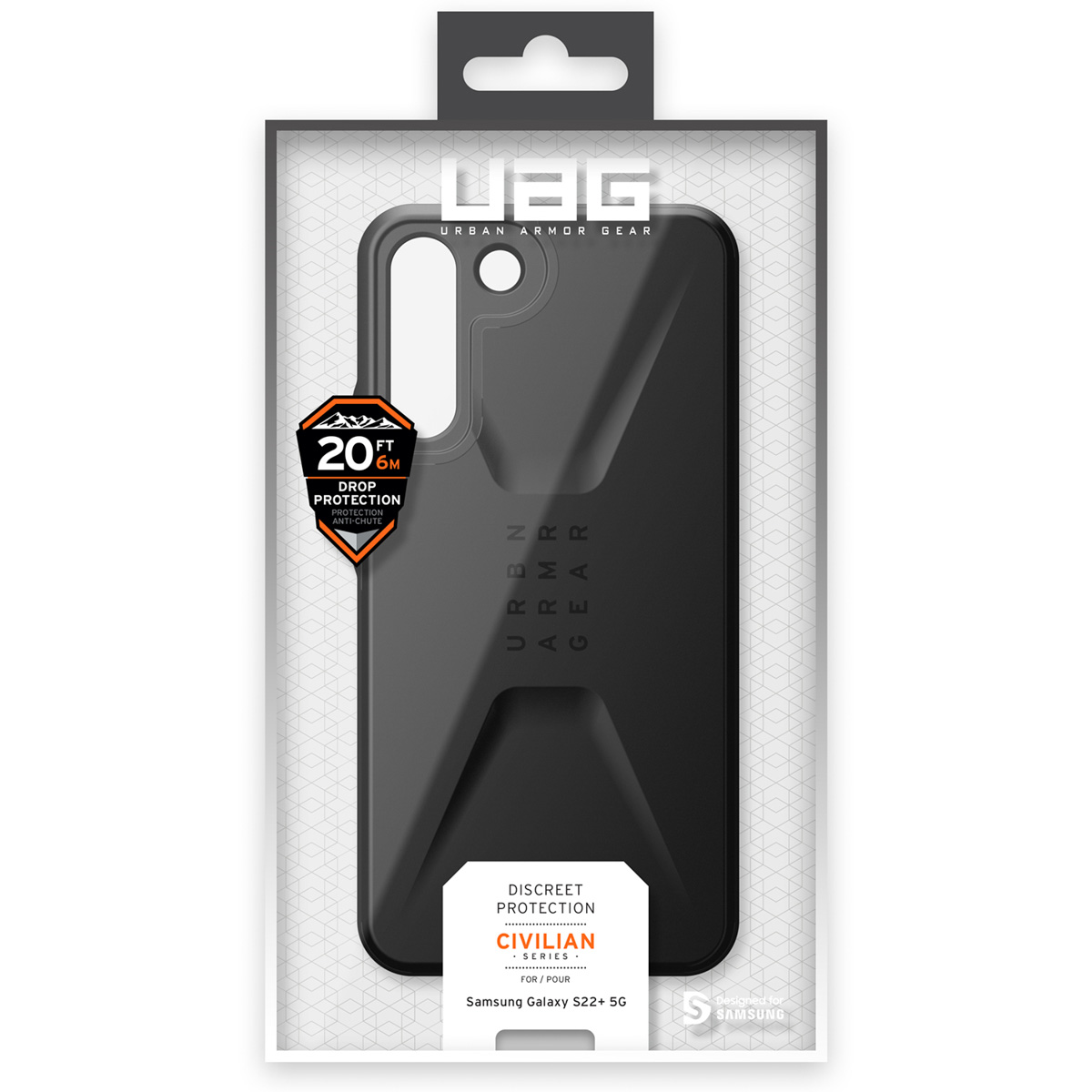 Schwarze UAG Civilian Smartphone-Hülle für Samsung Galaxy S22+ in originaler Verpackung mit Aufdruck.