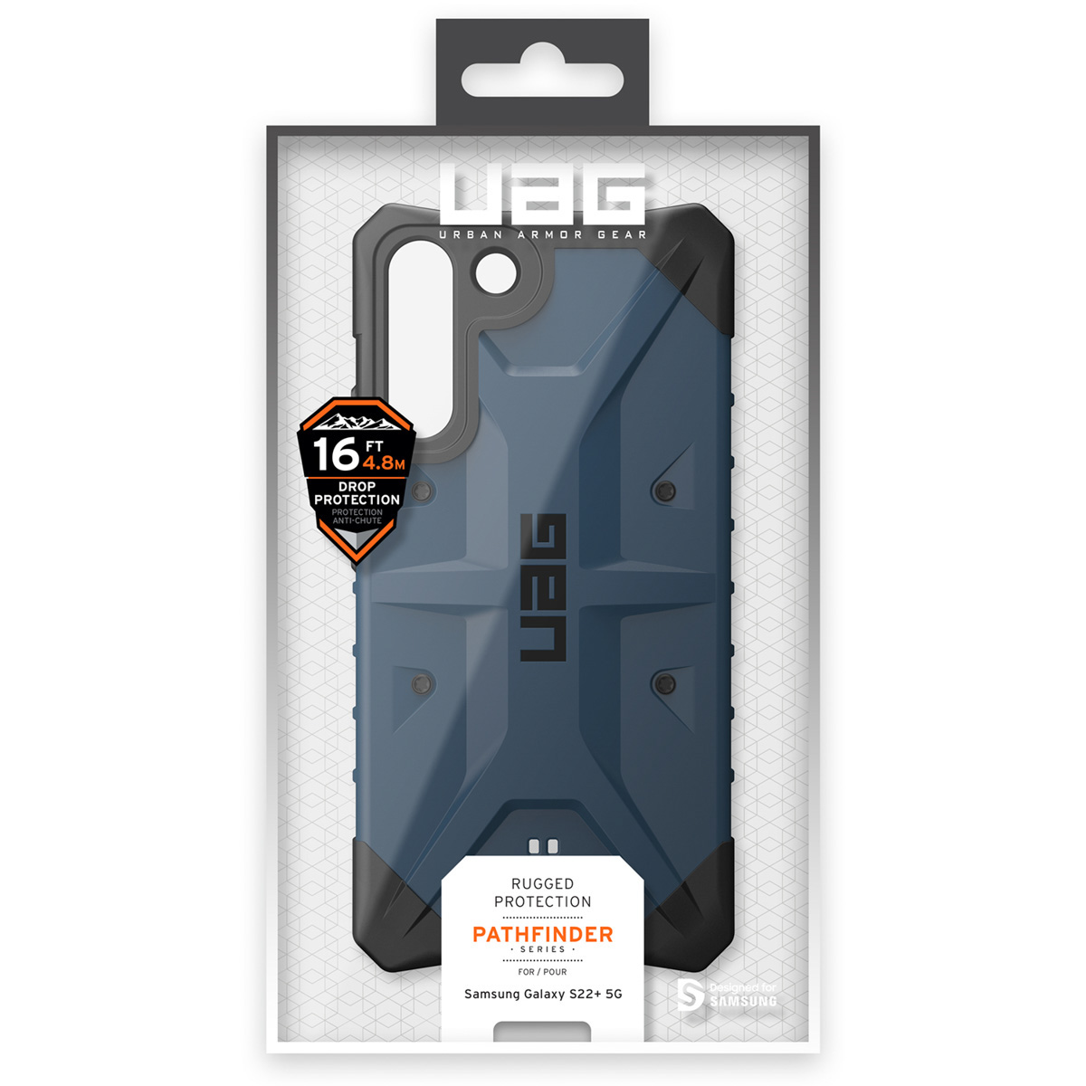 Blaues, robustes UAB Pathfinder Handycover für Samsung Galaxy S22+ 5G in Verpackung.