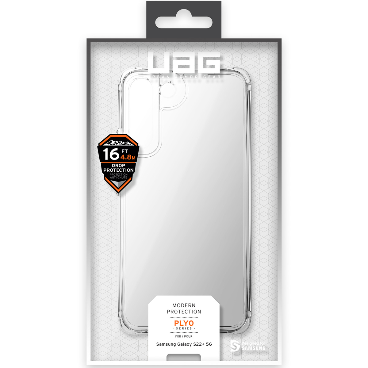 Transparente UAG Plyo Schutzhülle für Samsung Galaxy S22+ 5G in seiner Verkaufsverpackung.