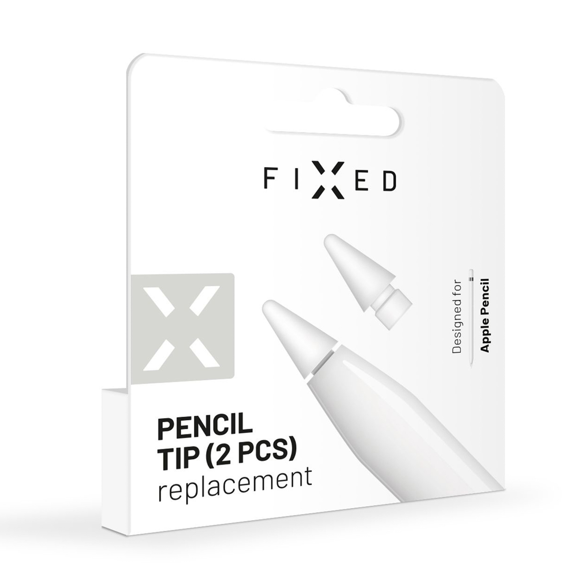 Weiße Verpackung für Fixed Apple Pencil Ersatzspitzen mit zwei Stiftspitzen abgebildet.