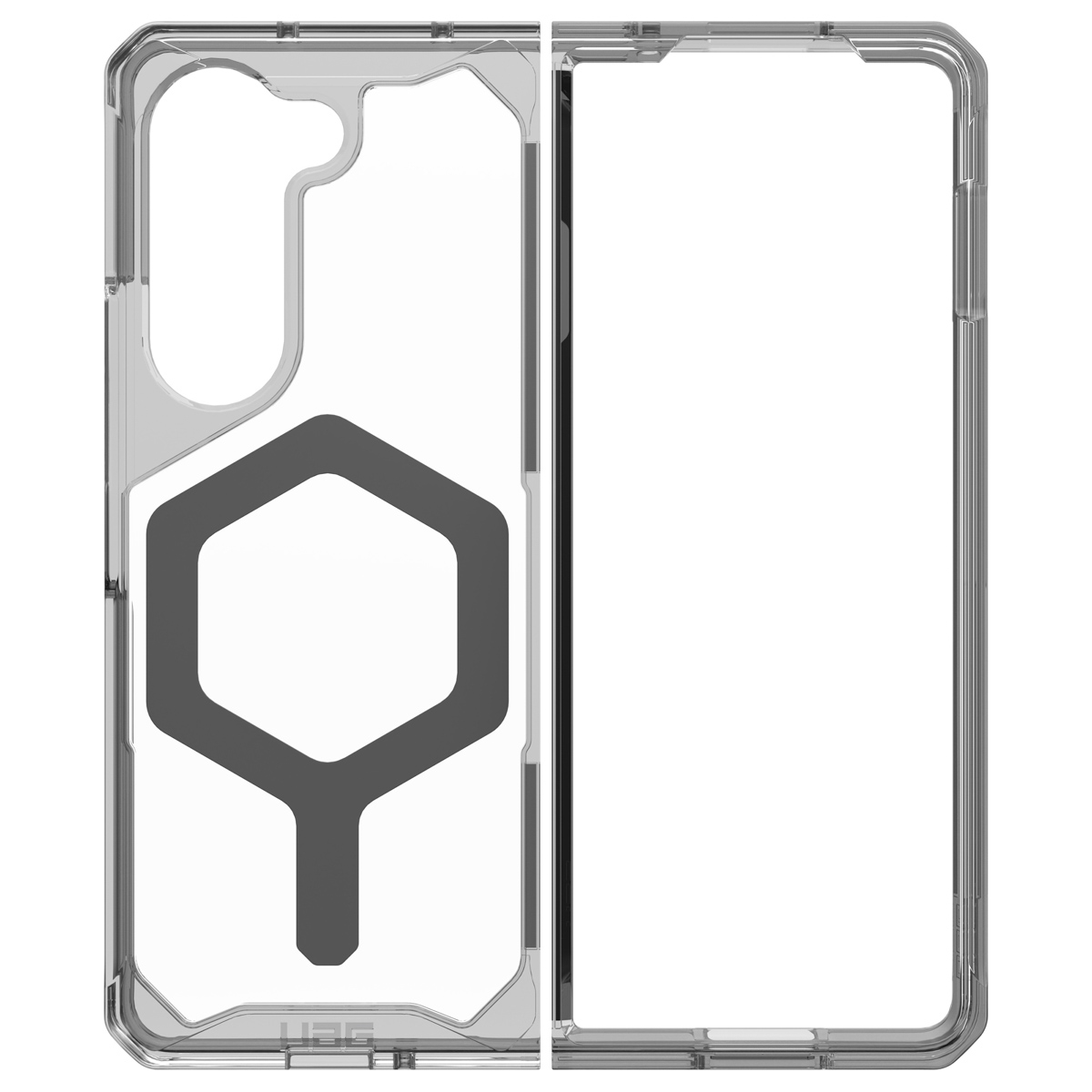 Przezroczyste, wytrzymałe etui na składany smartfon z ciemnym sześciokątnym logo.