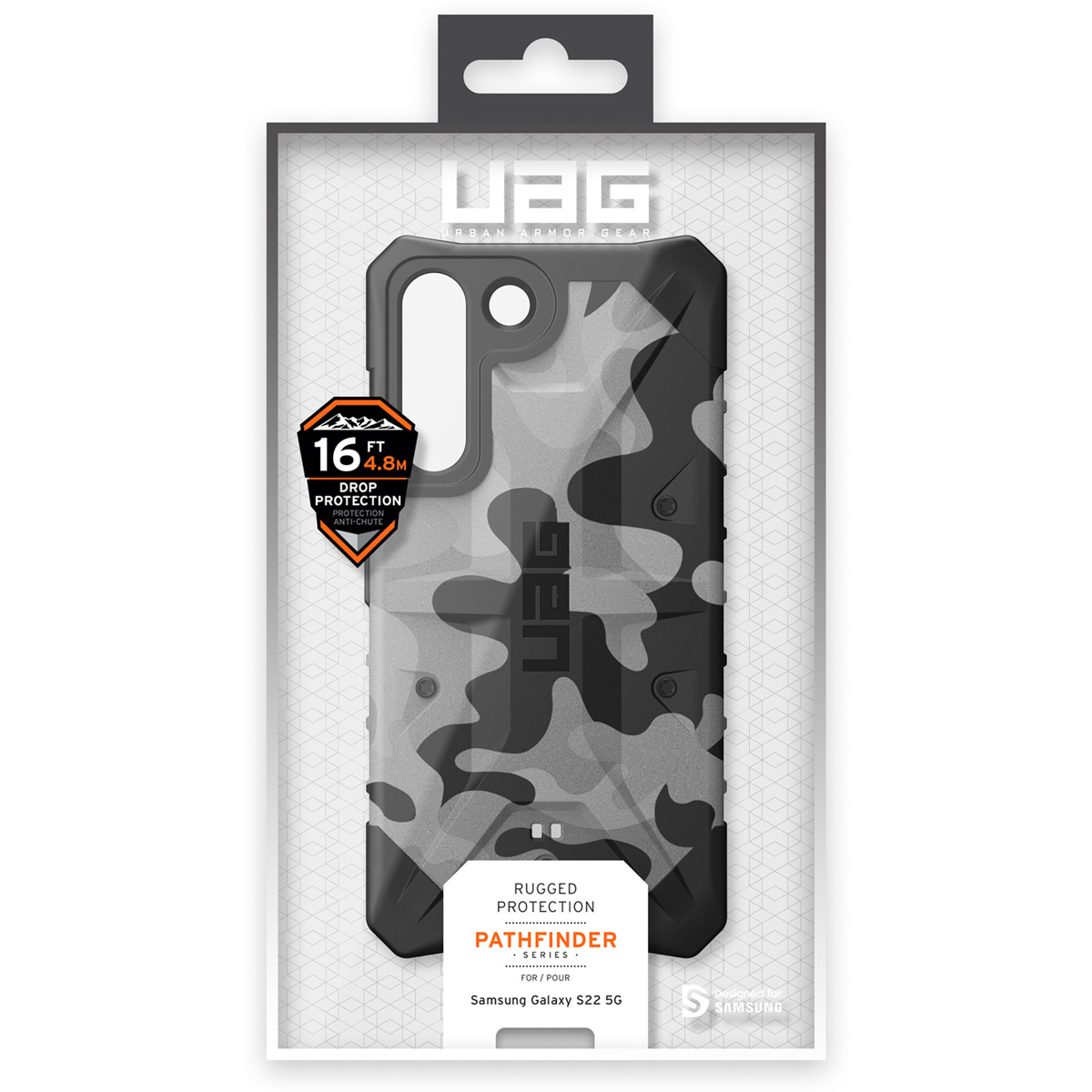 Eine robuste UAB-Camouflage-Handyhülle in Originalverpackung für das Samsung Galaxy S22 5G mit Sturzschutz.