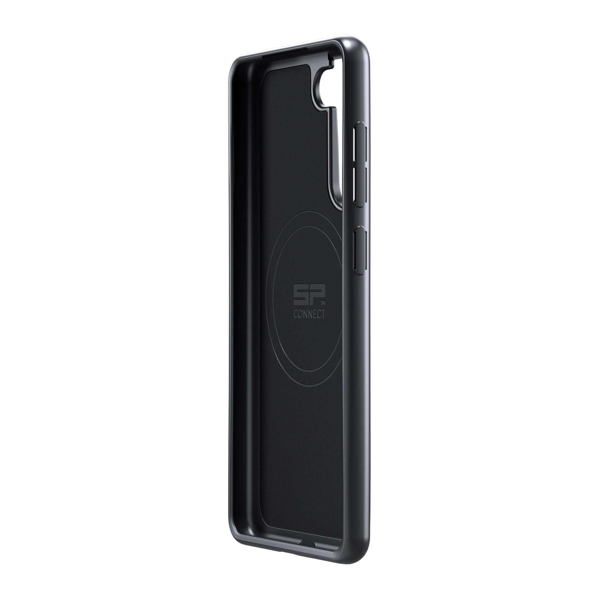 Schwarze Smartphone-Hülle mit SP Connect Logo auf der Innenseite, seitlichen Tasten und Aussparungen.