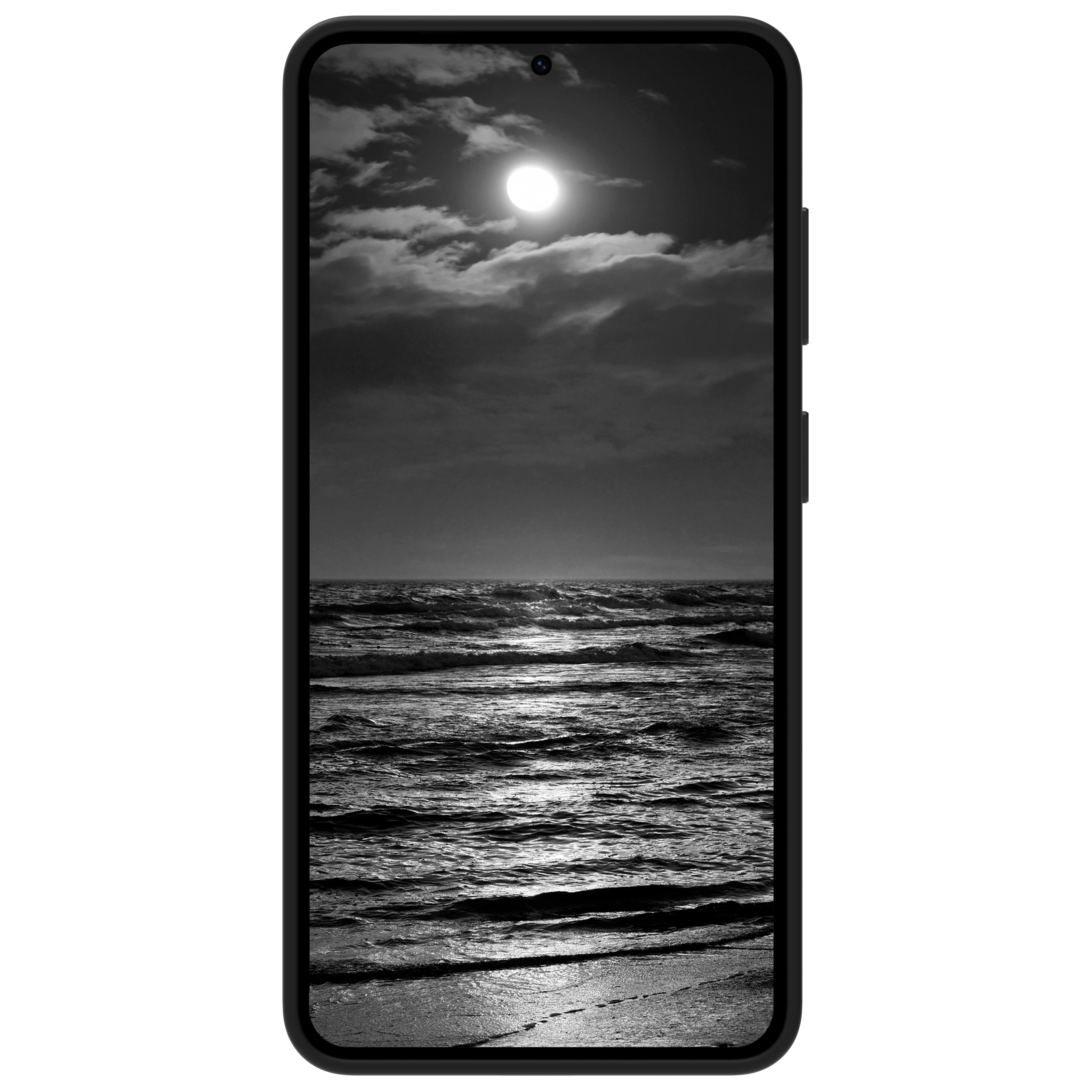 Ein schwarzes Smartphone zeigt eine monochrome Strandszene mit Wellen und hellem Mond durch Wolken.