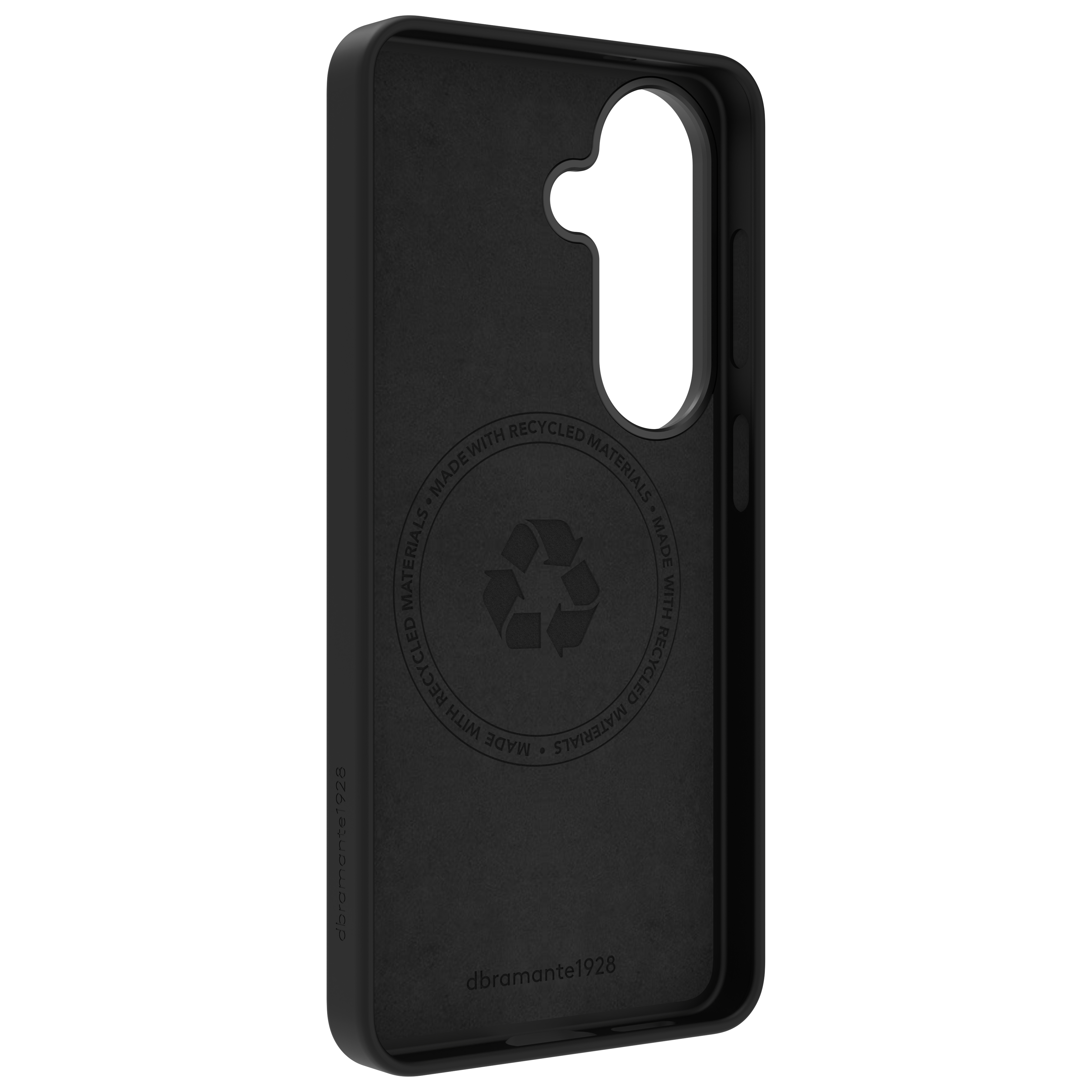 Schwarze Handyhülle mit recyceltem Logo innen.