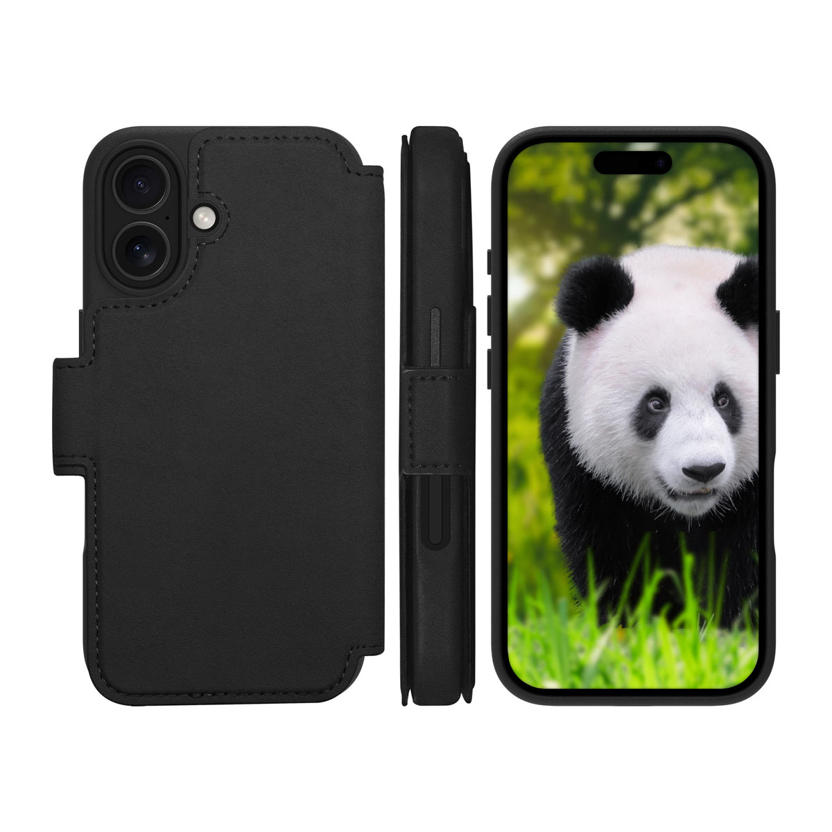 Schwarze Leder-Handyhülle mit Kartenfach, Seitenansicht und Display mit Panda-Bild.