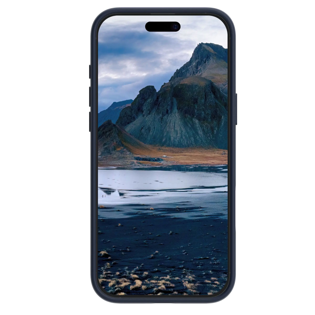 Smartphone che mostra lo sfondo di un paesaggio montano con lago e sabbia scura.